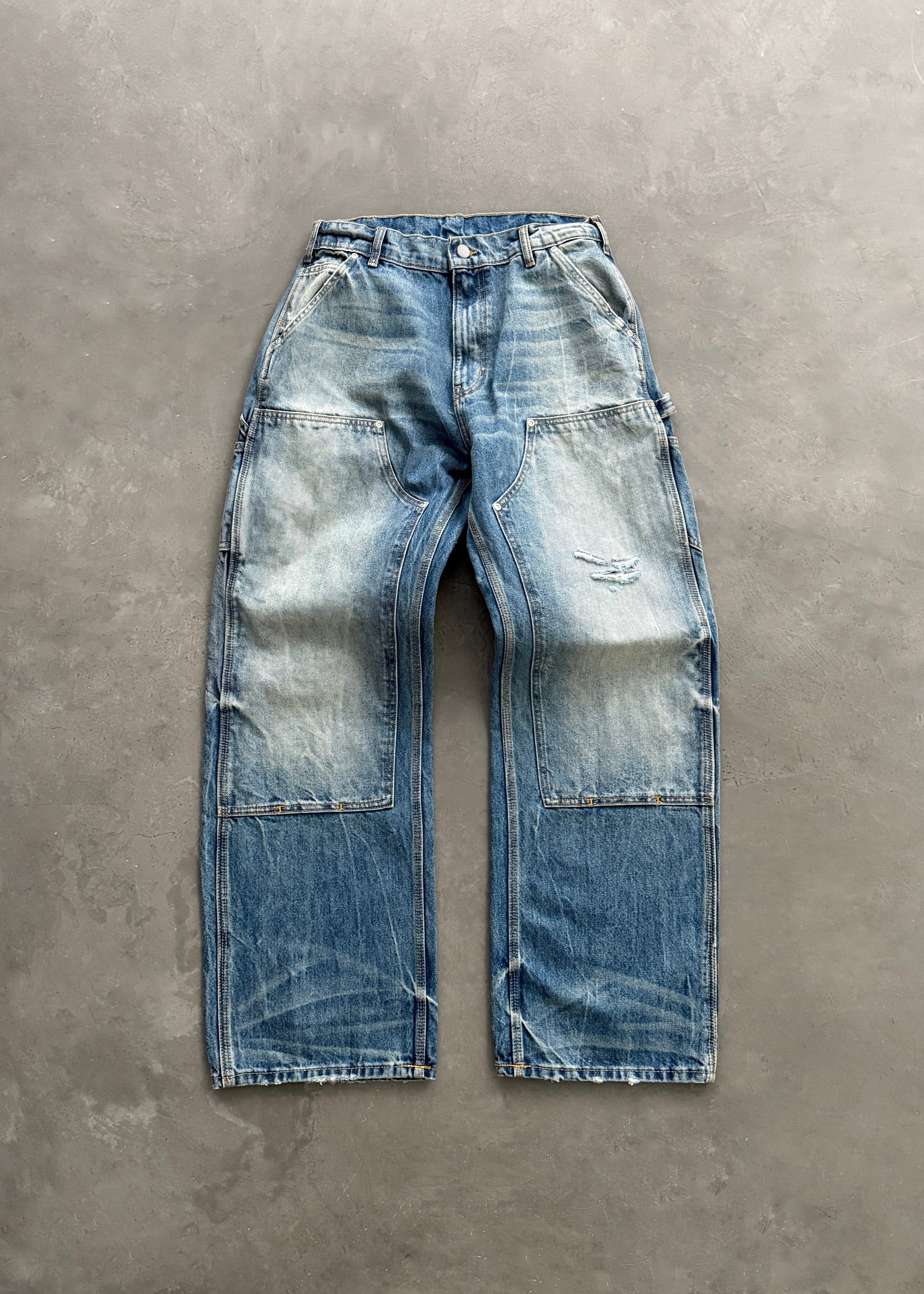 DISTRESSED DENIM DOUBLE KNEES - FADED BLUE