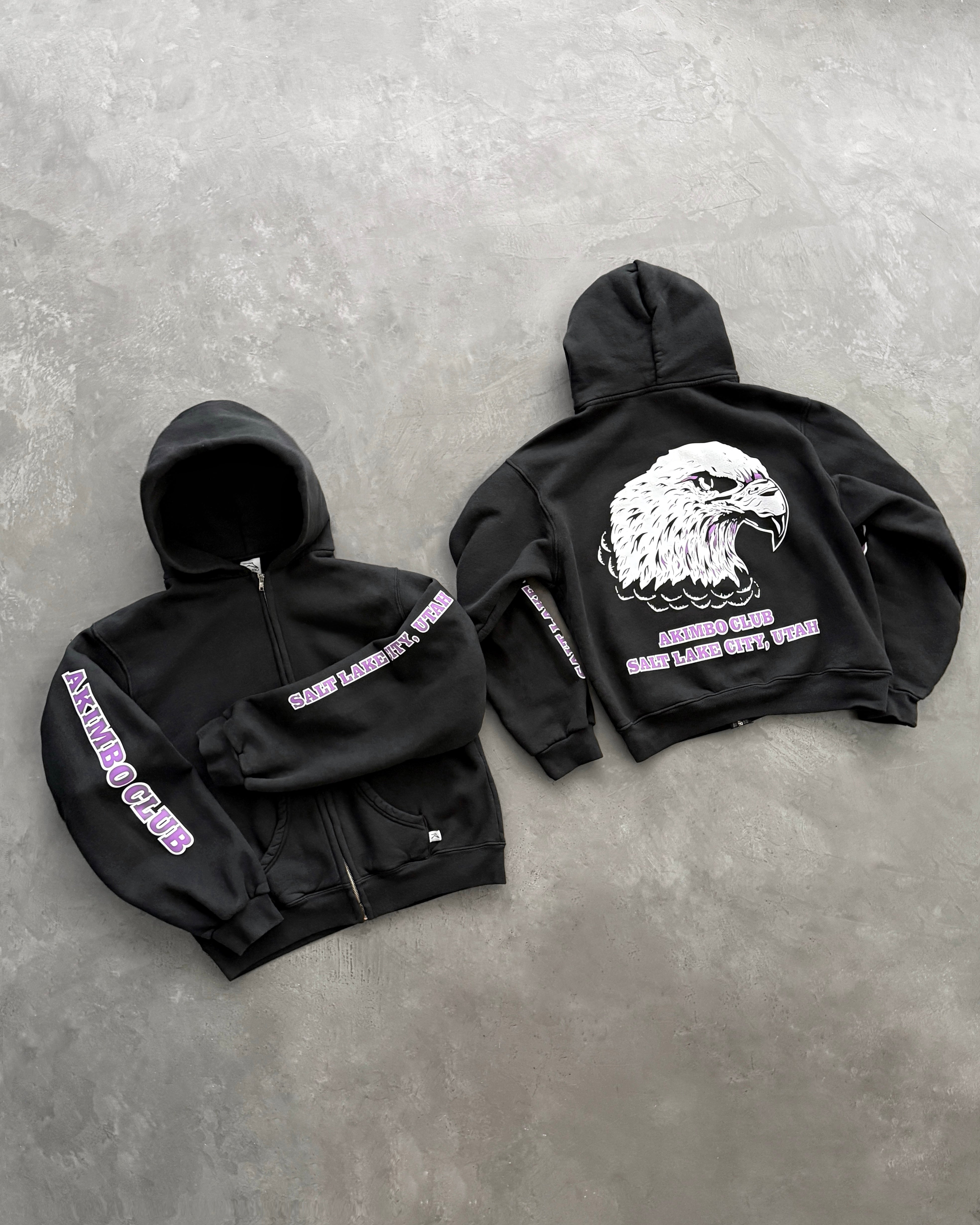 AKIMBO EAGLE CLUB ZIP-UP HOODIE - FADED BLACK