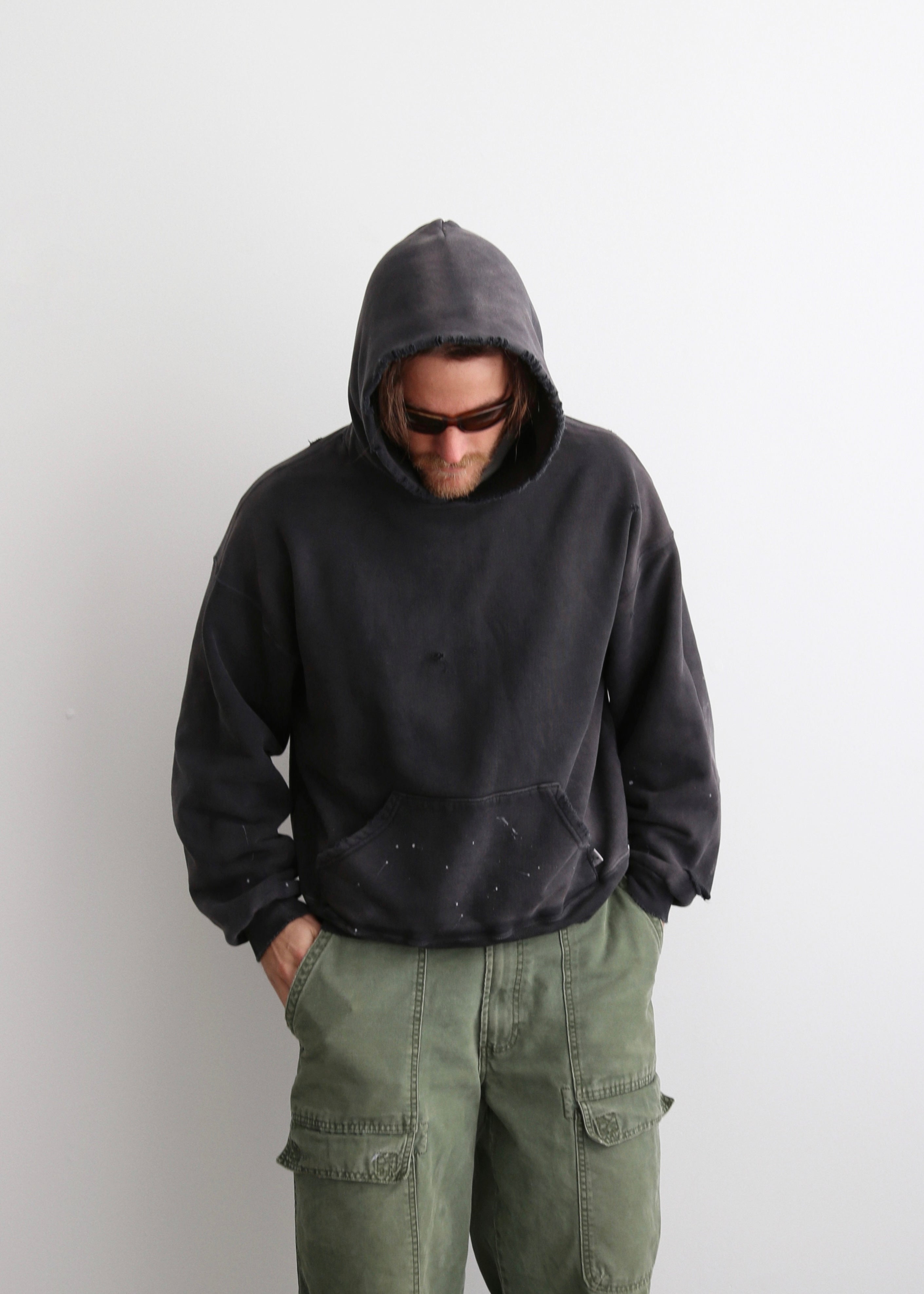 "WATCH-PEEKER" DISTRESSED HOODIE - SUN FADED BLACK