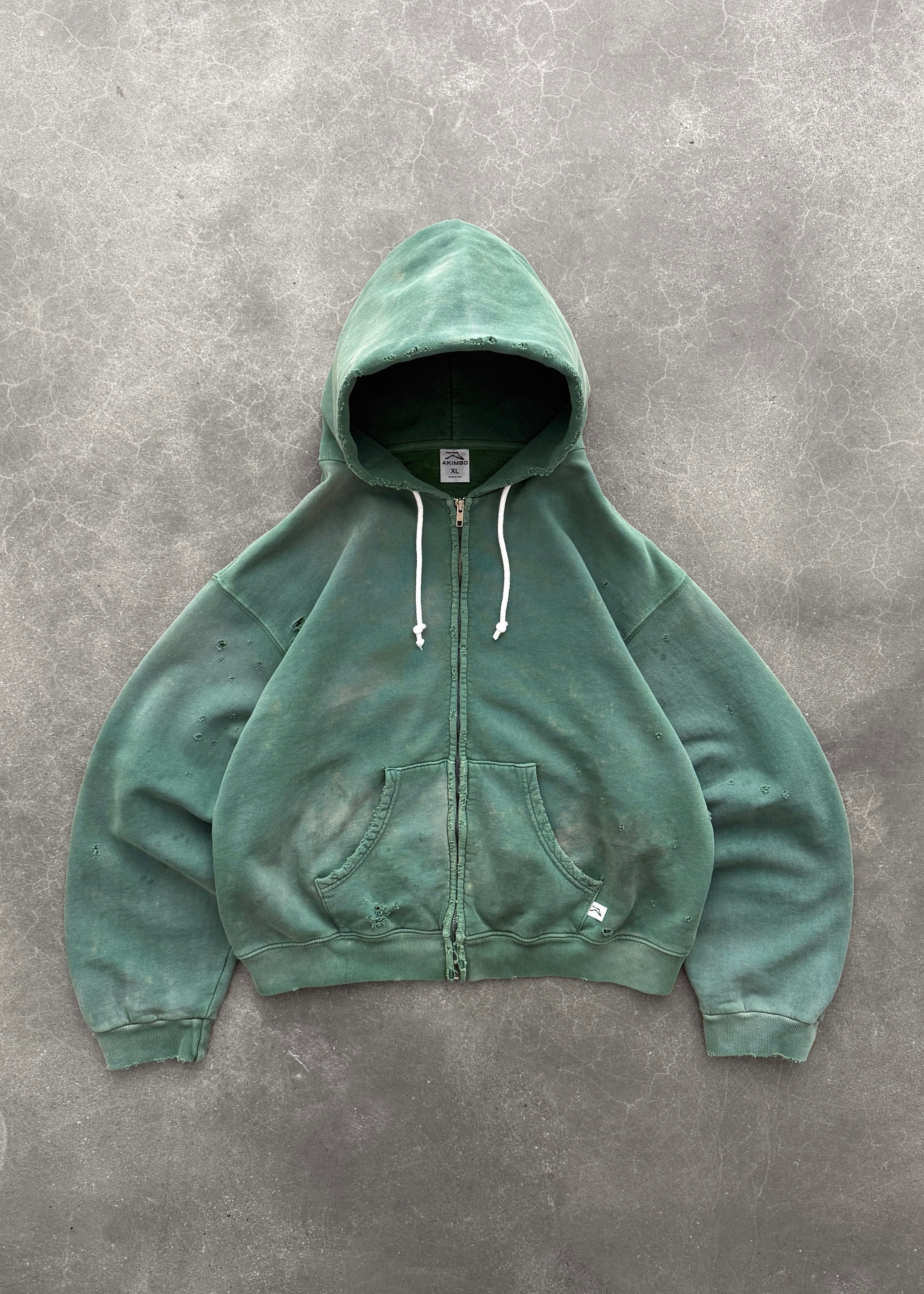 THRASHED ZIP-UP HOODIE - SUN FADED GREEN