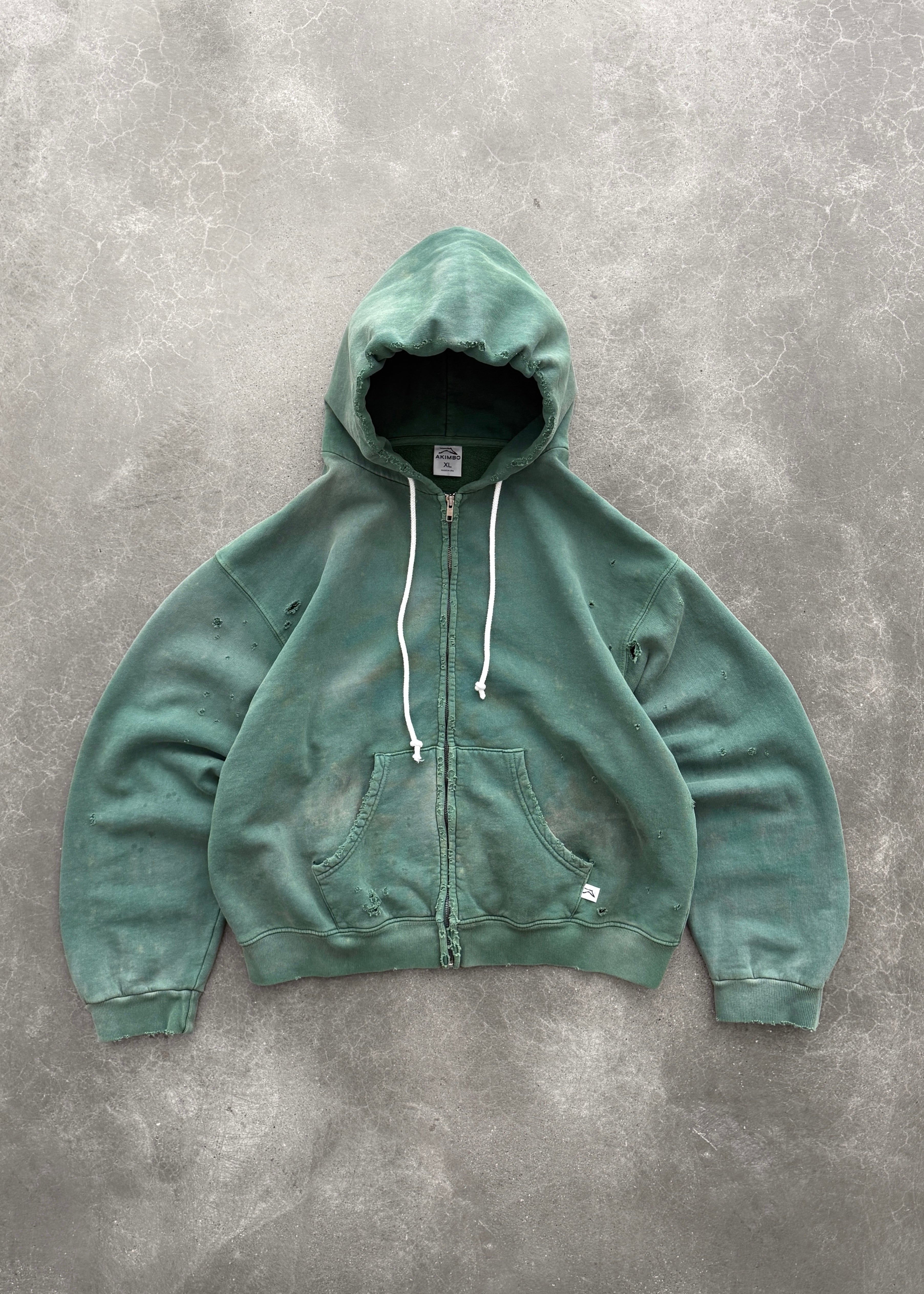 THRASHED ZIP-UP HOODIE - SUN FADED GREEN