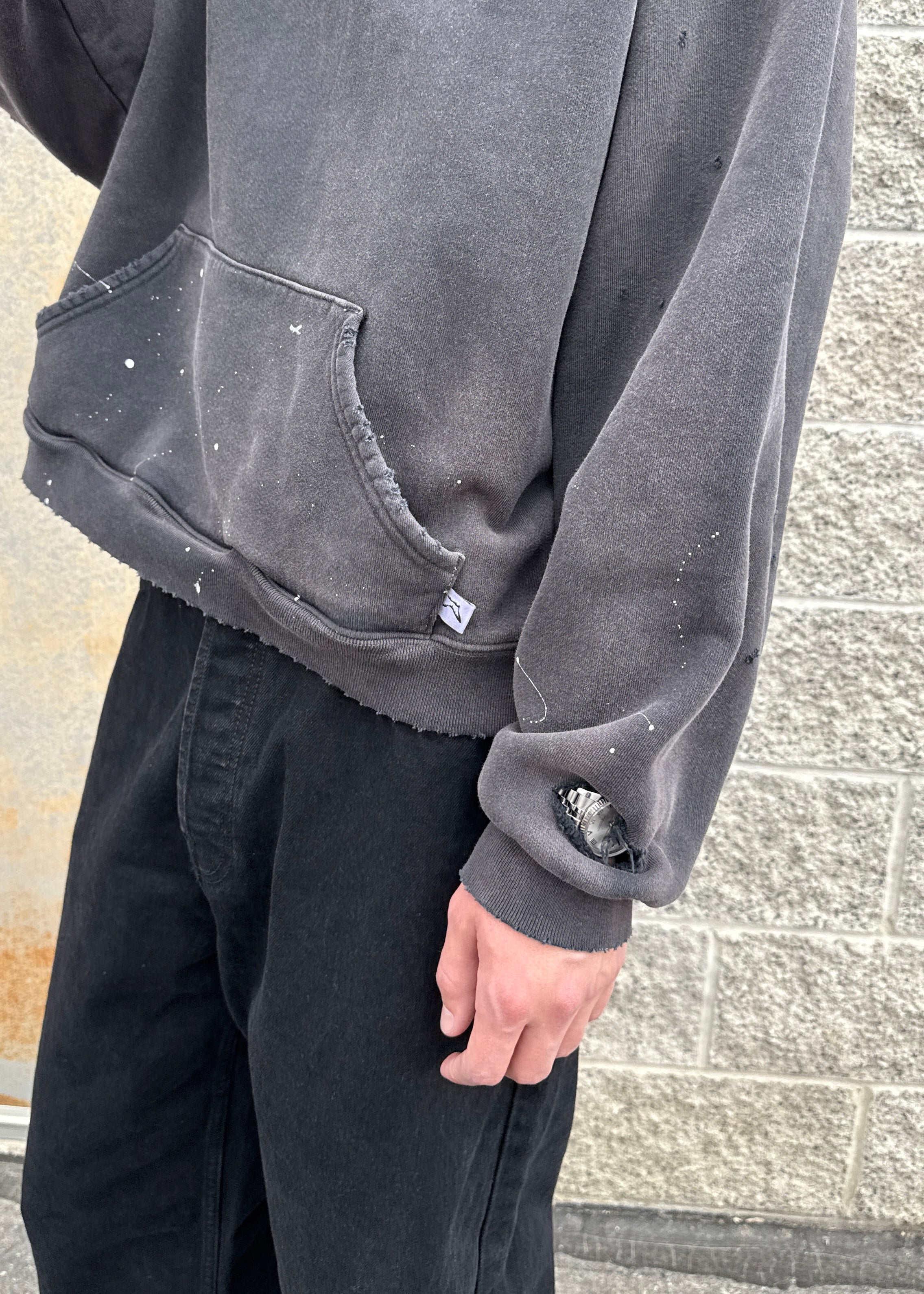 "WATCH-PEEKER" DISTRESSED HOODIE - SUN FADED BLACK