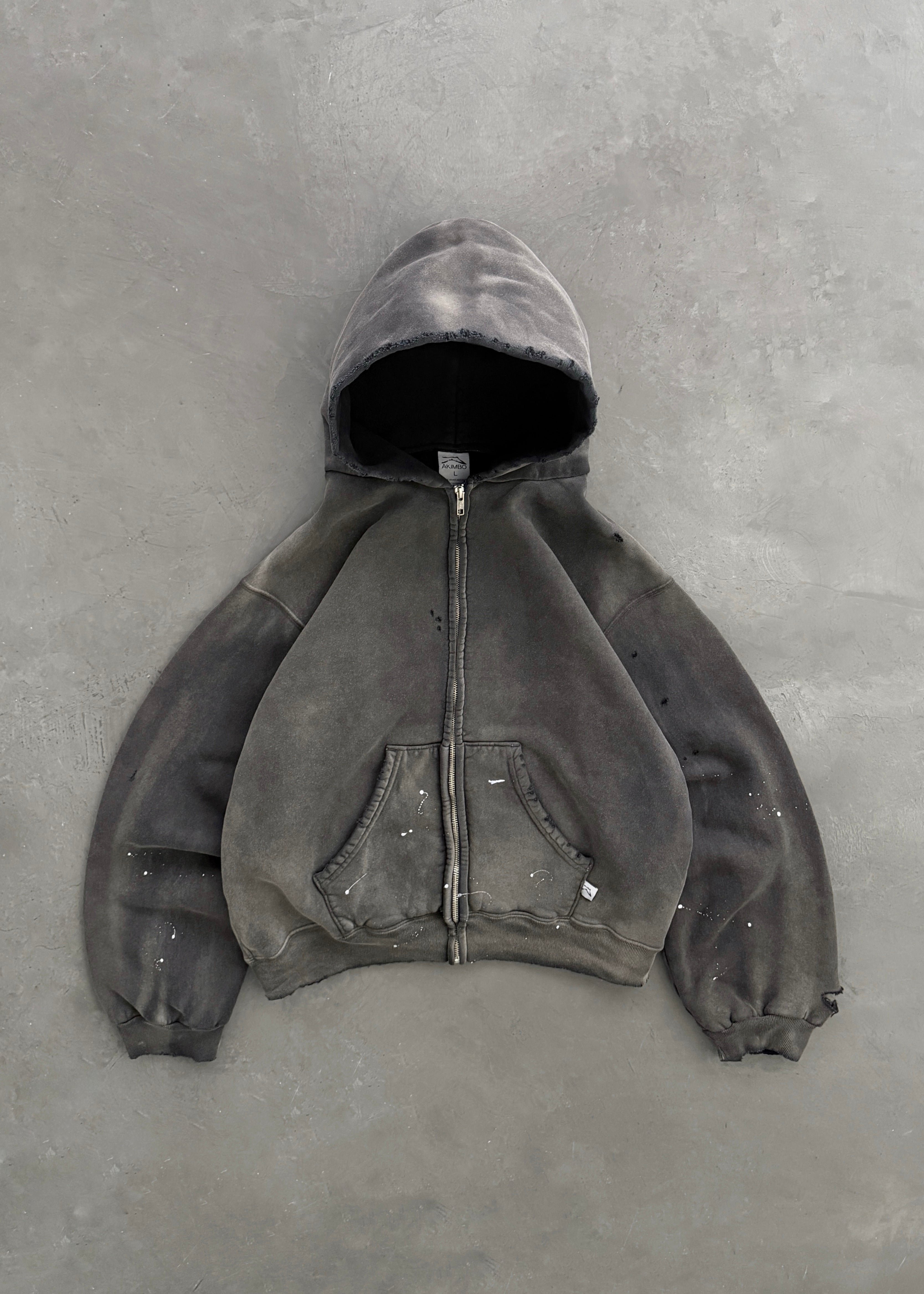 AKIMBO "WATCH-PEEKER" DISTRESSED ZIP UP HOODIE - SUN FADED BLACK