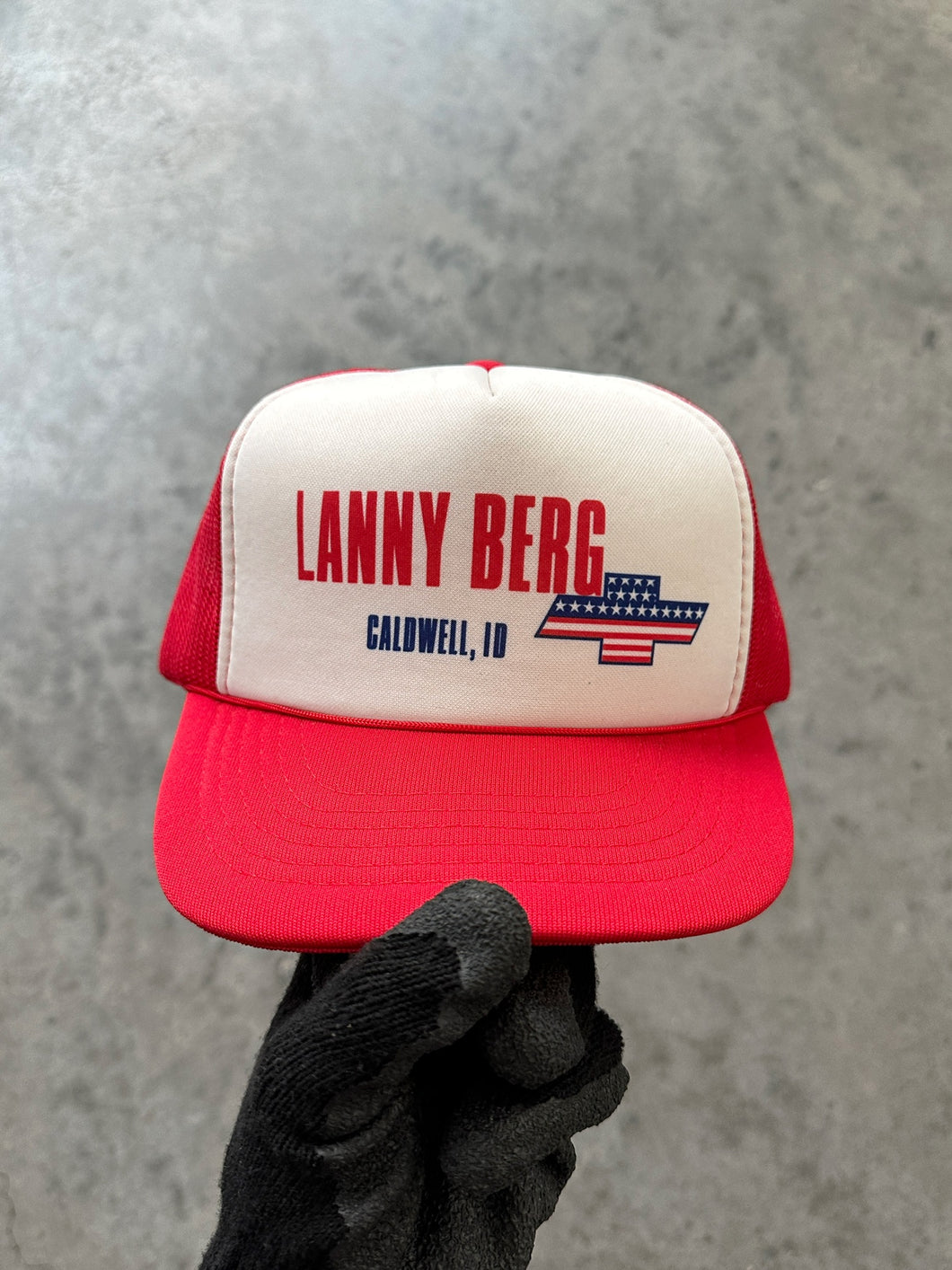 RED “LANNY BERG” TRUCKER HAT - 1990S