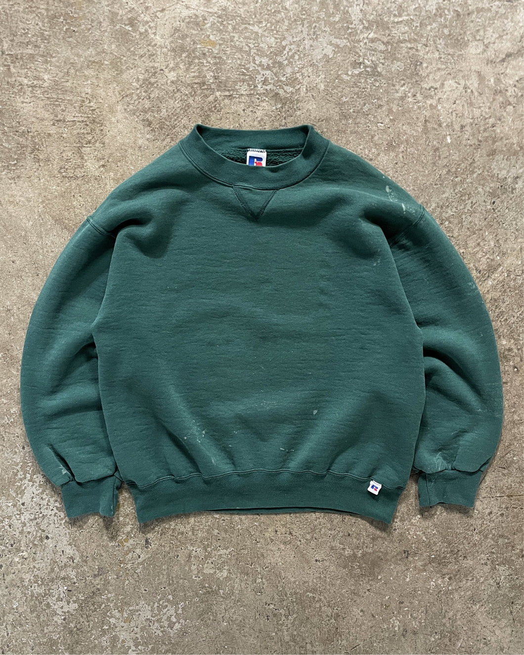 FADED FOREST GREEN RUSSELL PAINTERS SWEATSHIRT - 1990S