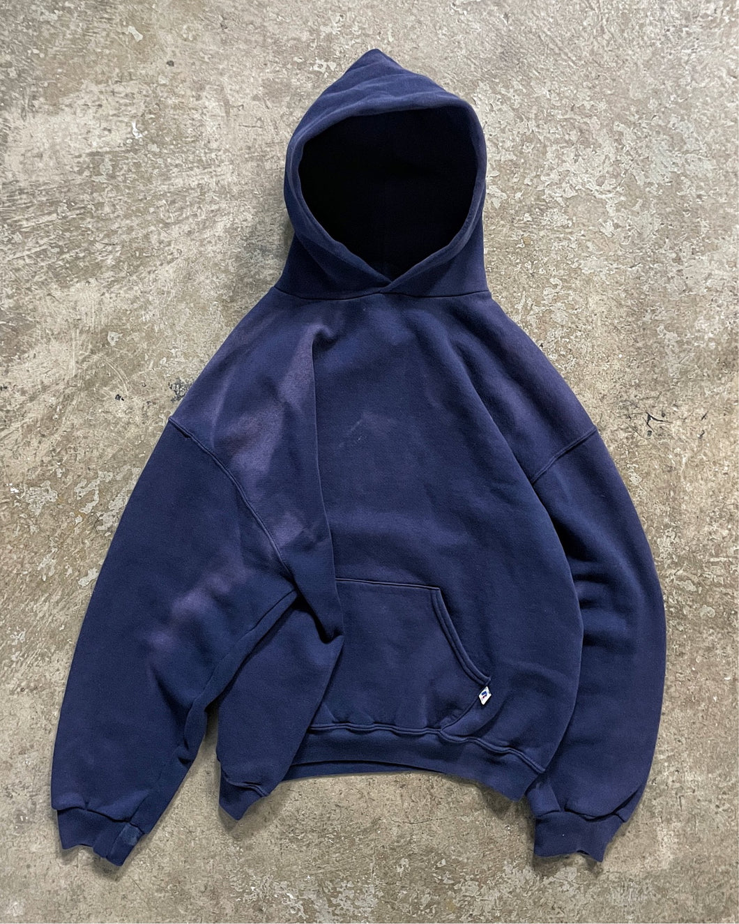 SUN FADED NAVY BLUE RUSSELL HOODIE - 1990S