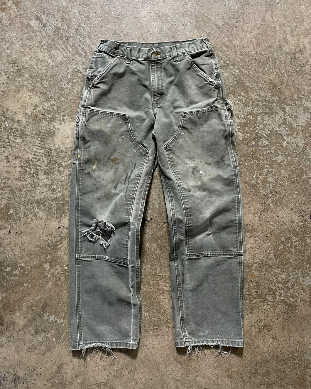 CARHARTT DISTRESSED & FADED OLIVE GREEN DOUBLE KNEE PANTS