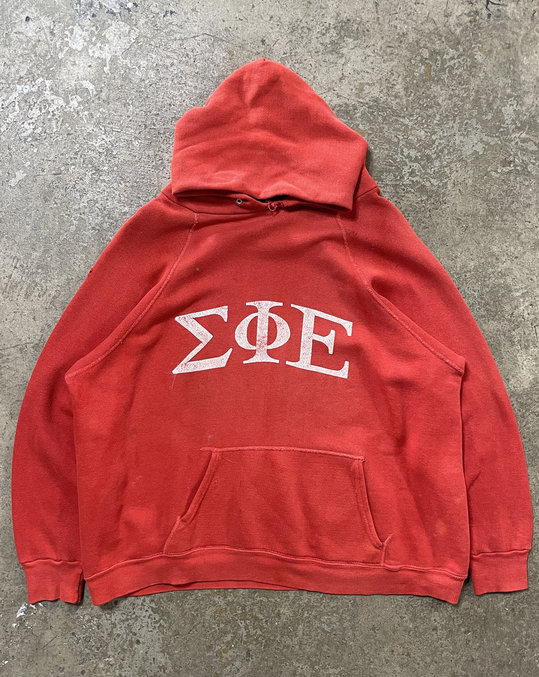 SUN FADED RED RAGLAN COLLEGE HOODIE - 1960S