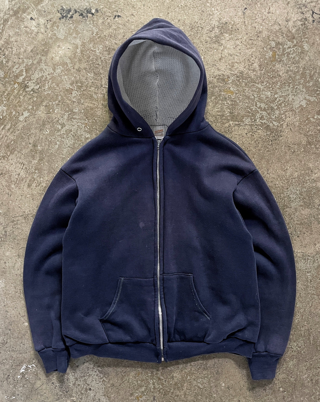 SUN FADED NAVY BLUE THERMAL LINED ZIP UP HOODIE - 1980S