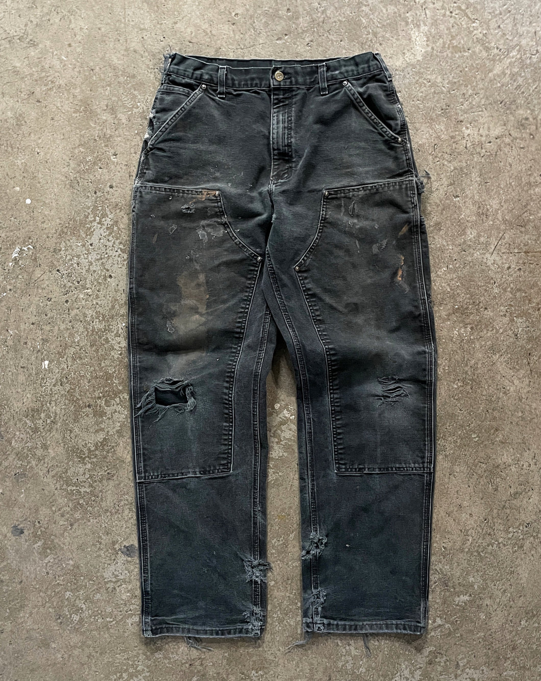 CARHARTT DISTRESSED & FADED BLACK DOUBLE KNEE WORK PANTS - 1990S