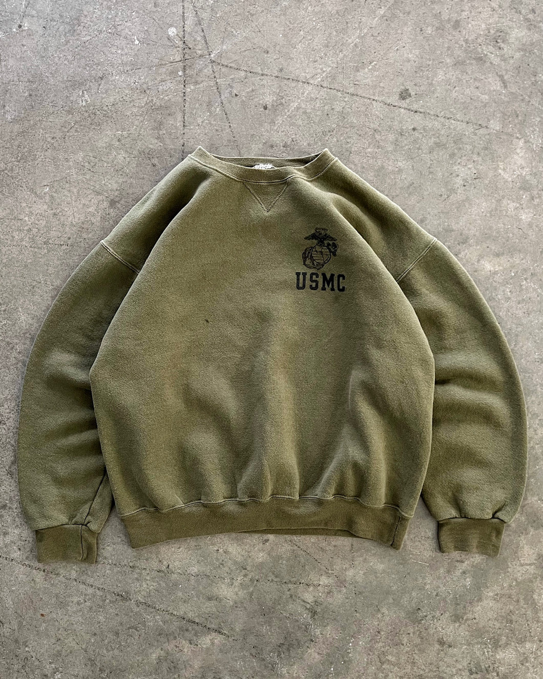 FADED OLIVE GREEN “USMC” SWEATSHIRT - 1990S