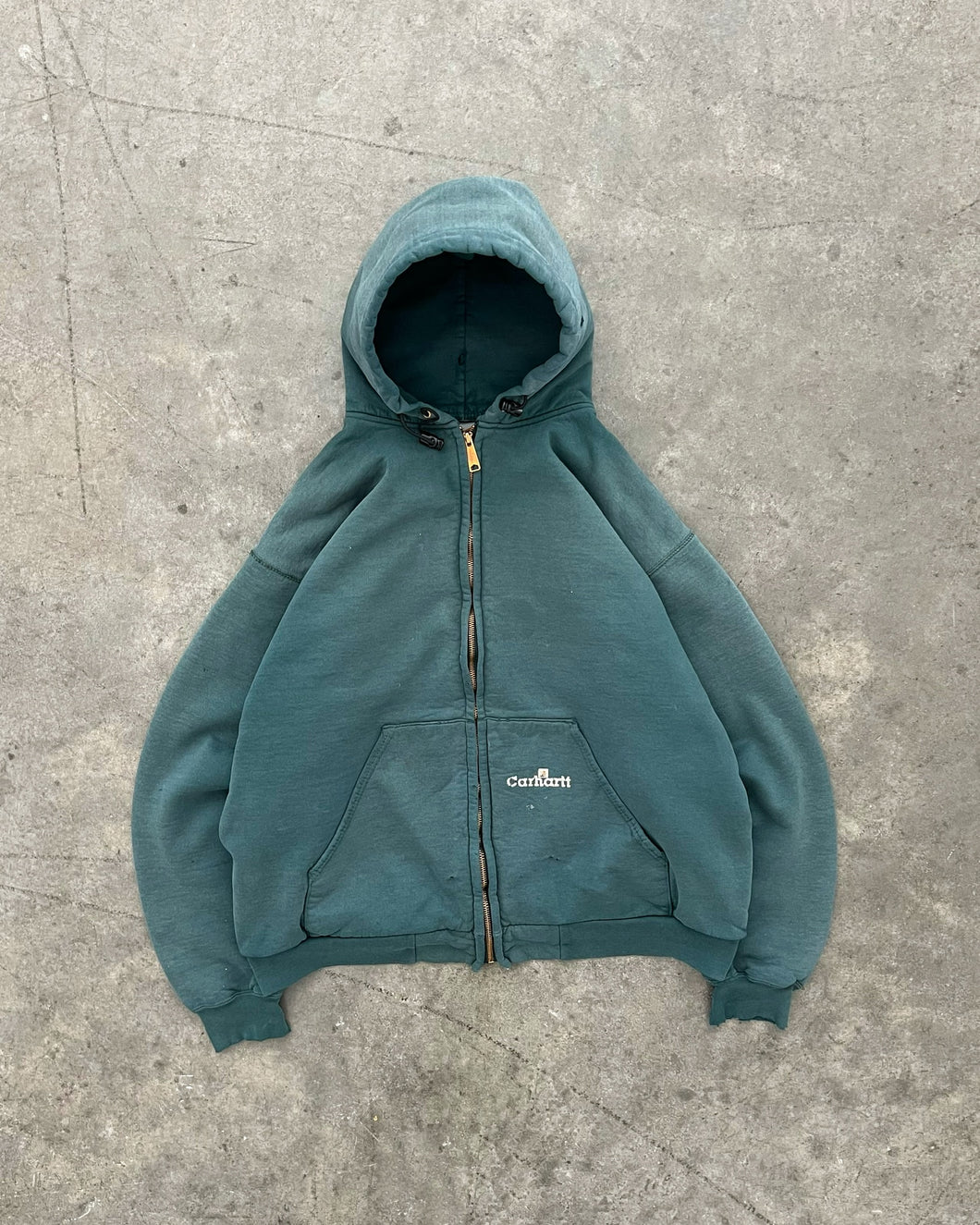 SUN FADED GREEN THERMAL LINED CARHARTT ZIP UP HOODIE - 1990S
