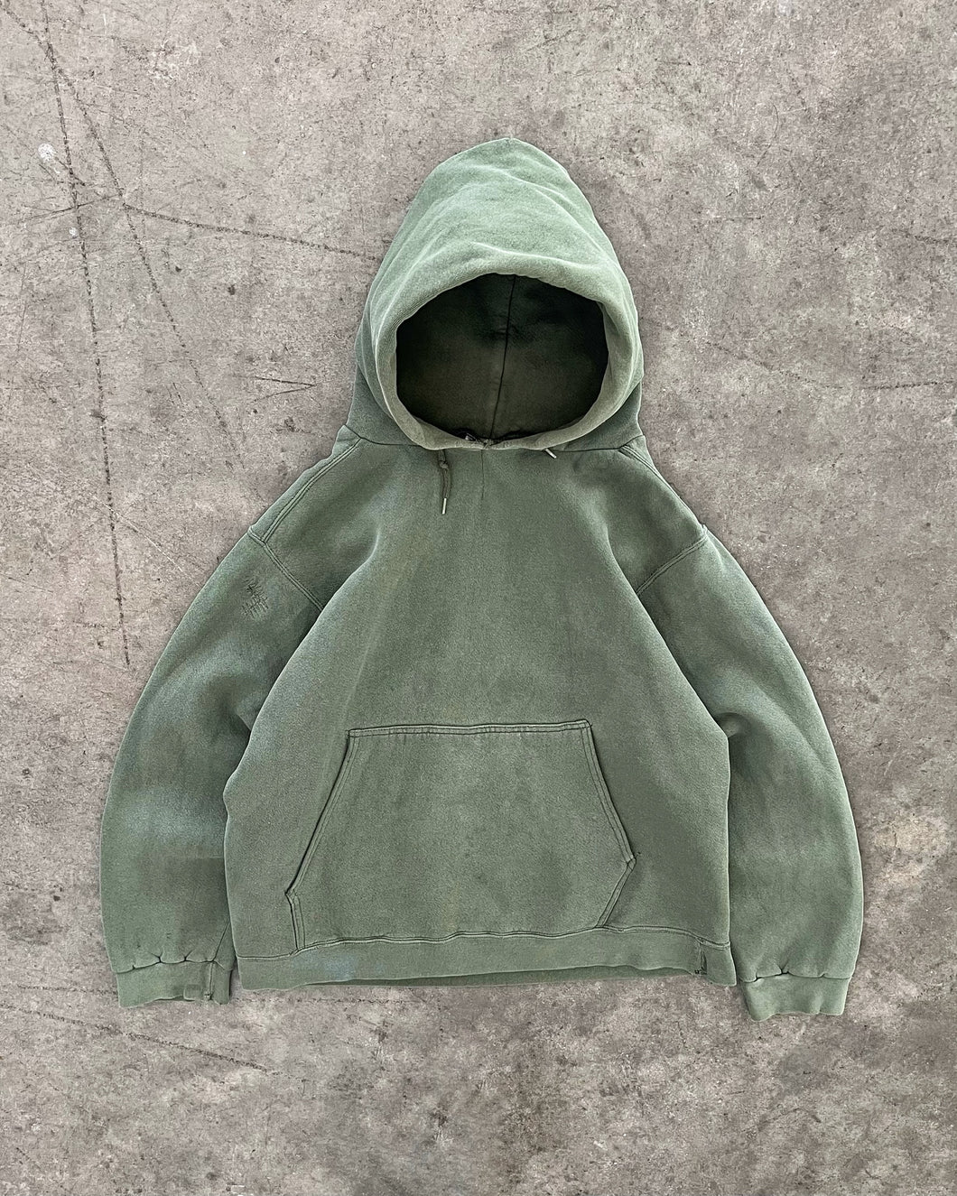 FADED OLIVE GREEN REPAIRED HEAVYWEIGHT HOODIE - 1990S