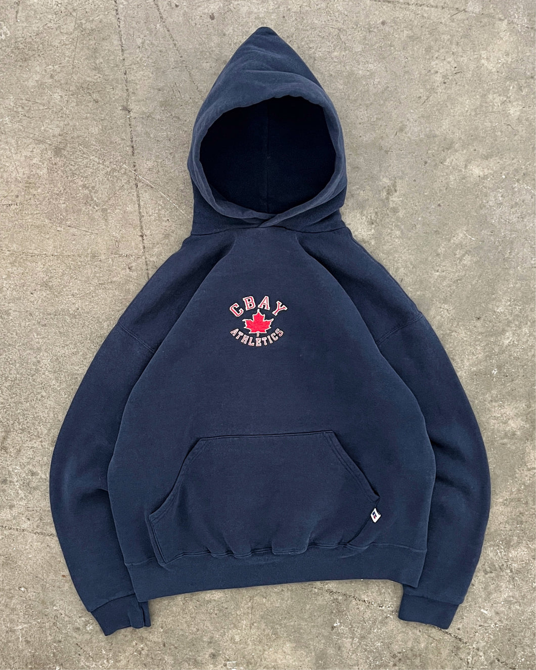FADED NAVY BLUE “CBAY ATHLETICS” RUSSELL HOODIE - 1990S