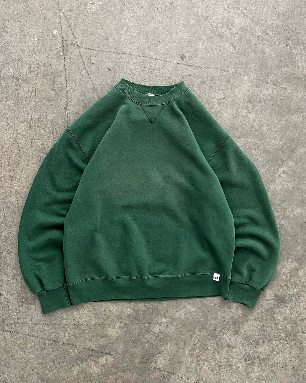 SUN FADED PINE GREEN RUSSELL SWEATSHIRT - 1990S