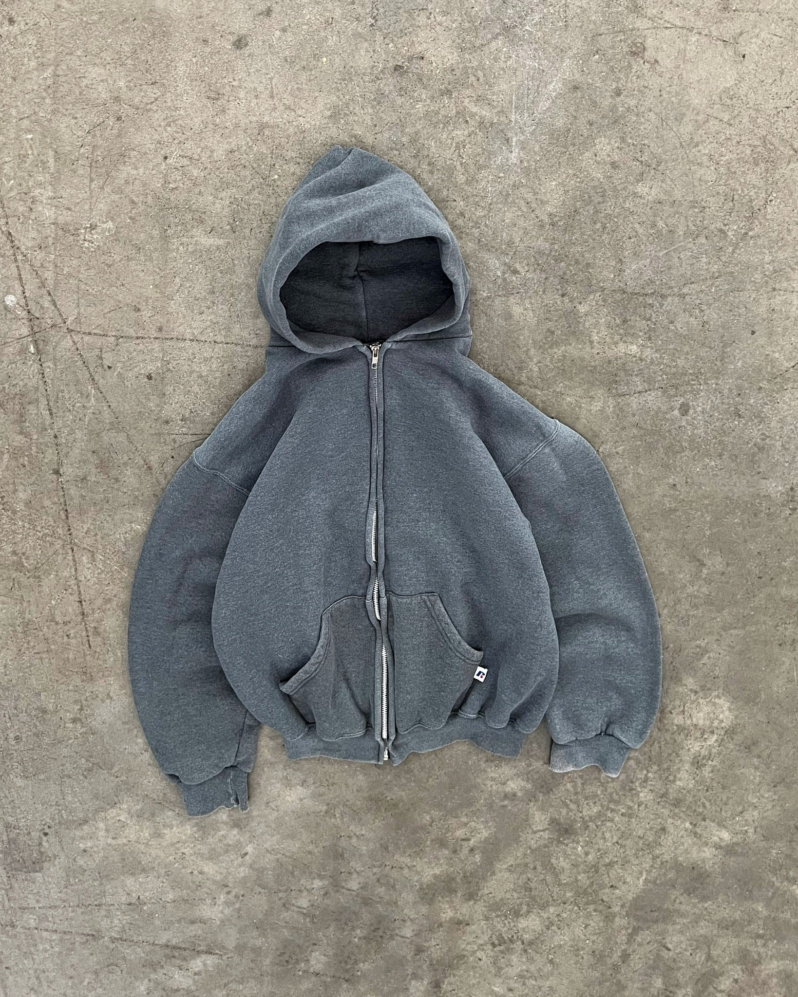 SUN FADED STONE GREY RUSSELL ZIP UP HOODIE - 1990S – AKIMBO CLUB