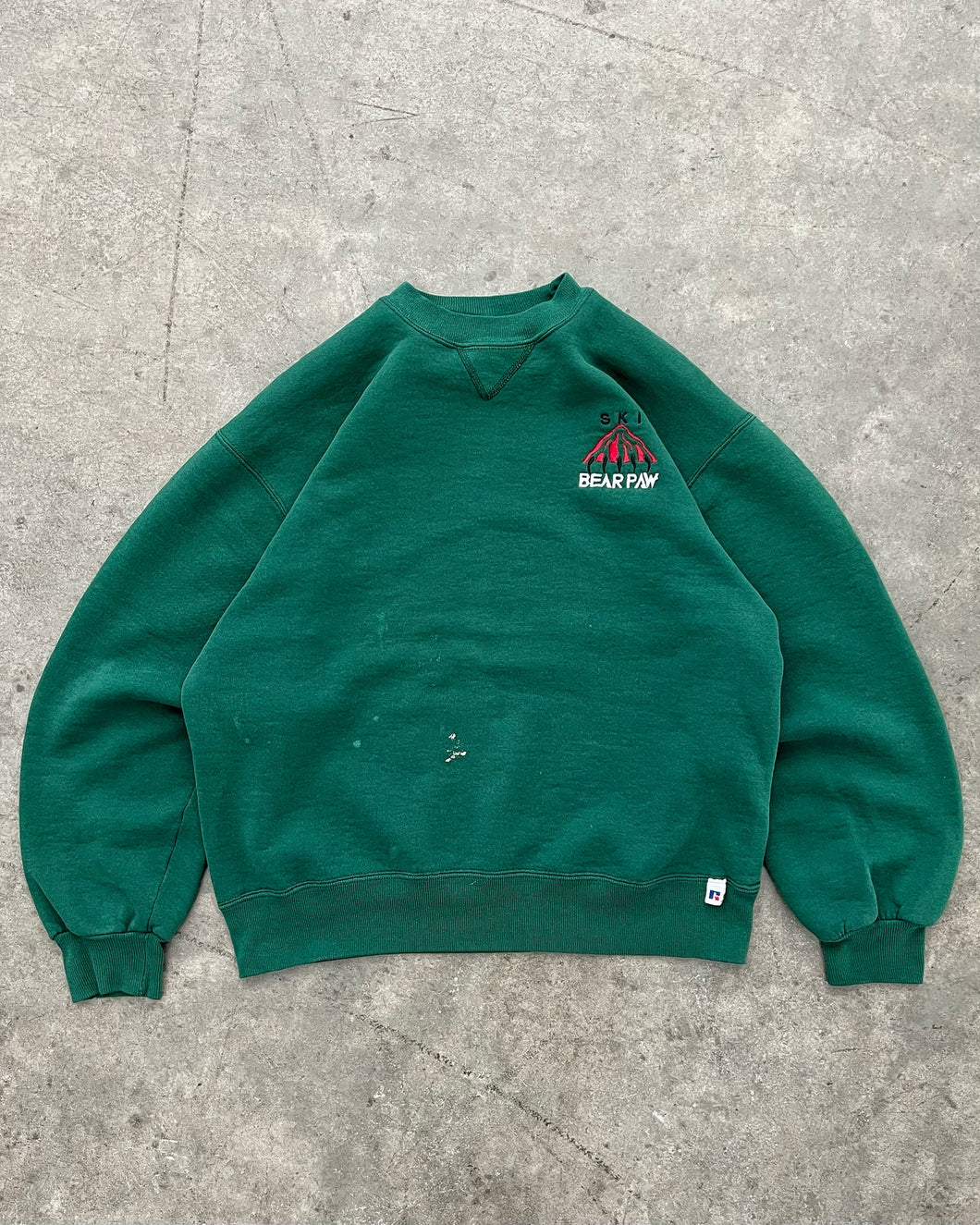 FADED PINE GREEN “SKI BEAR PAW” RUSSELL SWEATSHIRT - 1990S