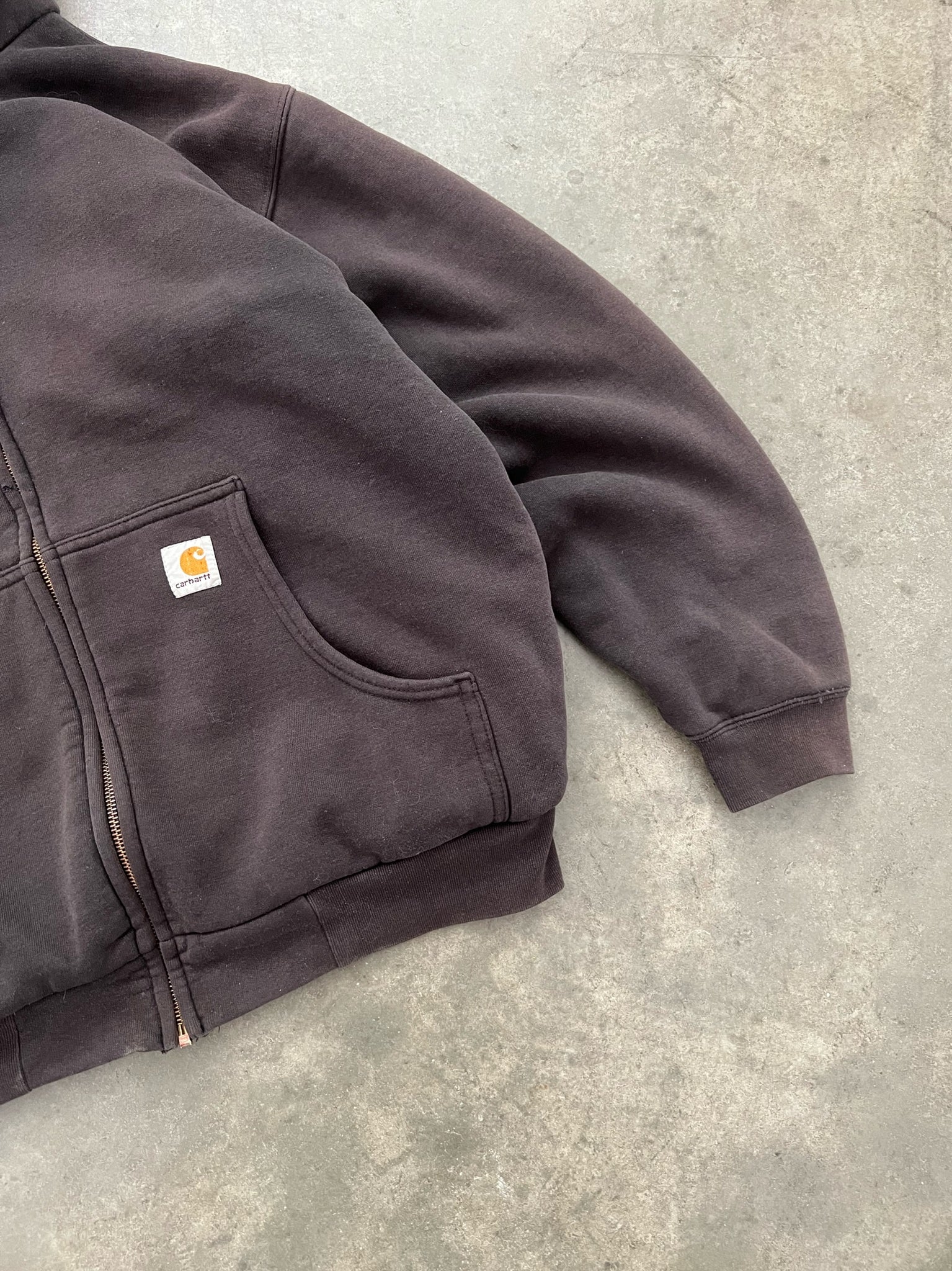 SUN FADED BLACK THERMAL LINED CARHARTT ZIP UP HOODIE - 1990S