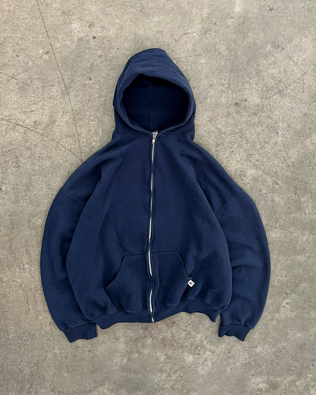 FADED NAVY BLUE RUSSELL ZIP UP HOODIE - 1990S