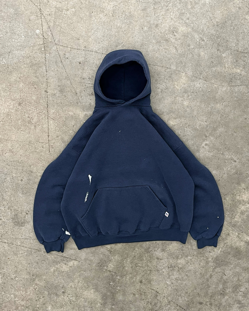 FADED NAVY BLUE PAINTERS RUSSELL HOODIE - 1990S