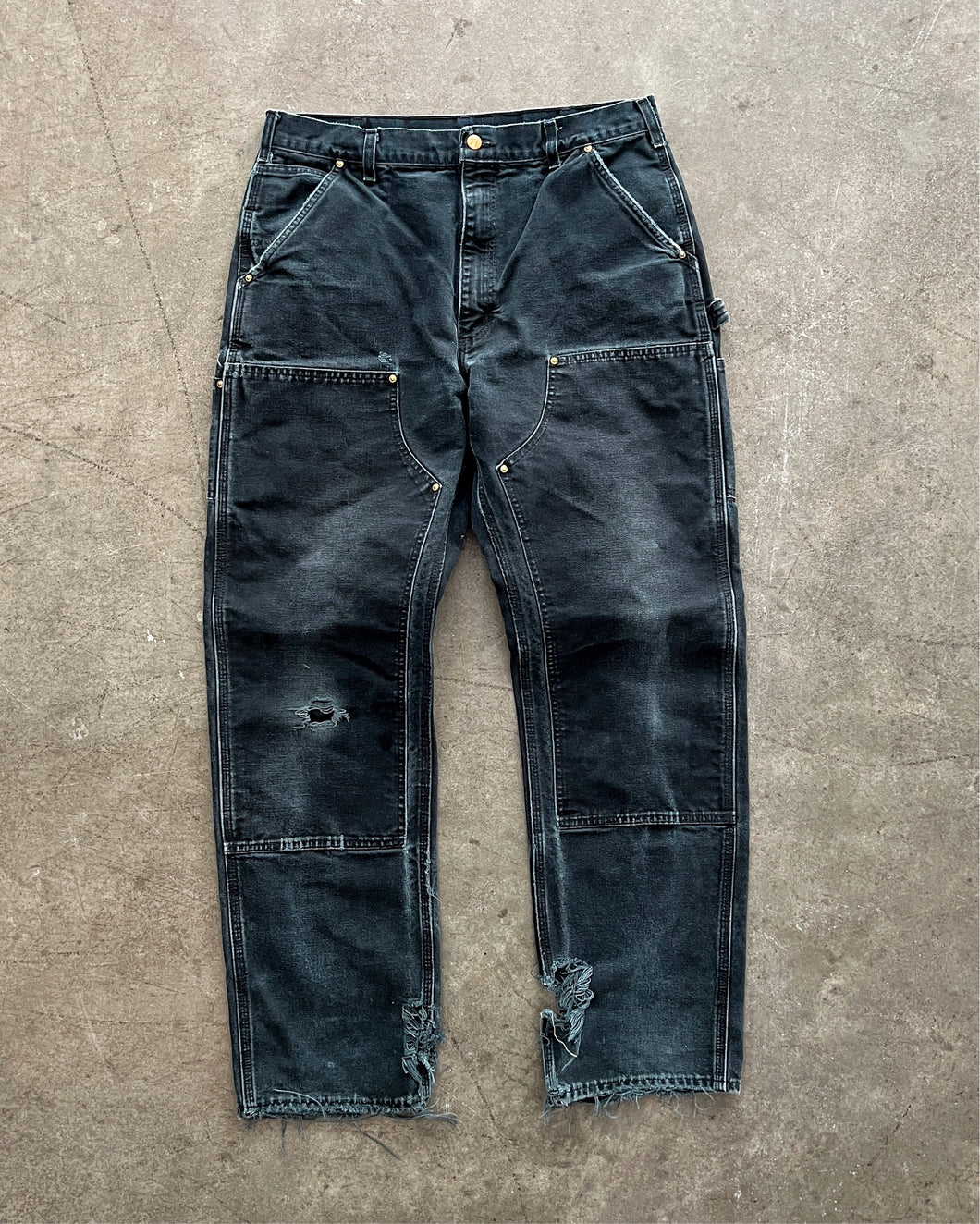 CARHARTT DISTRESSED & FADED BLACK DOUBLE KNEE WORK PANTS - 1990S