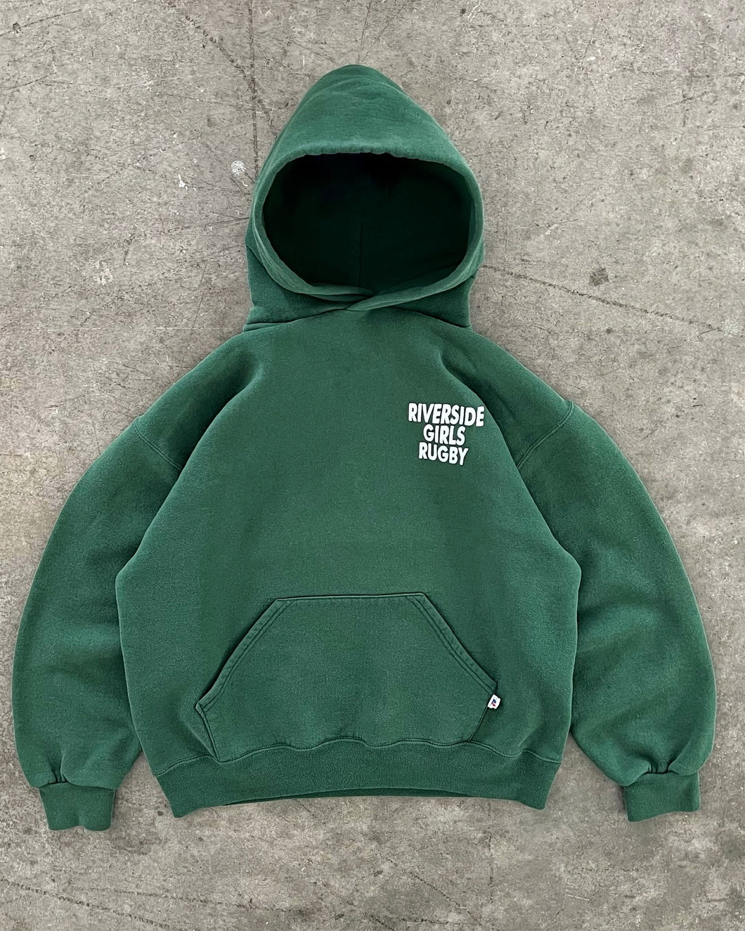 FADED PINE GREEN “RIVERSIDE GIRLS RUGBY” RUSSELL HOODIE - 1990S