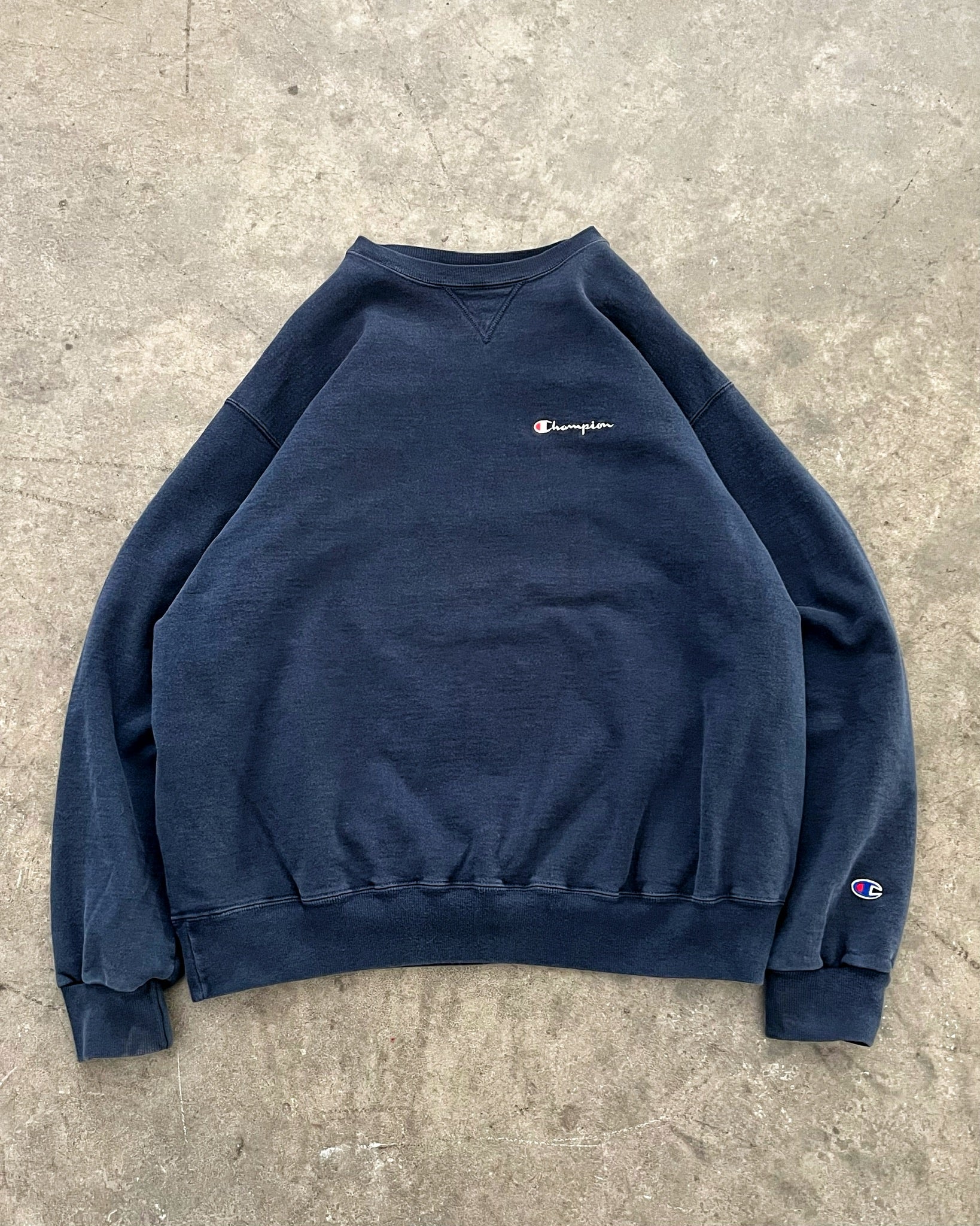 FADED NAVY BLUE CHAMPION HEAVYWEIGHT SWEATSHIRT - 1990S – AKIMBO CLUB