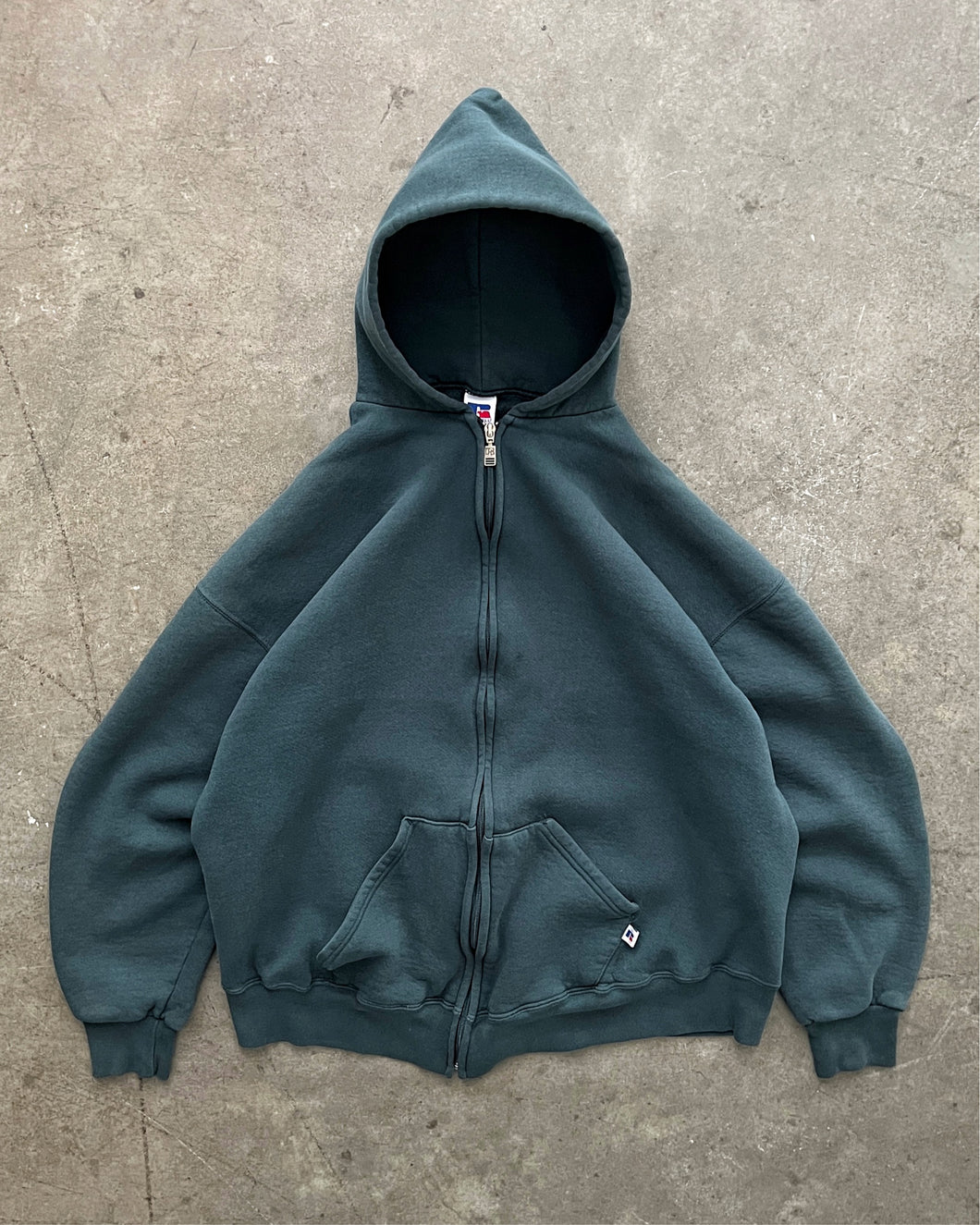 FADED DEEP FOREST GREEN RUSSELL ZIP UP HOODIE - 1990S