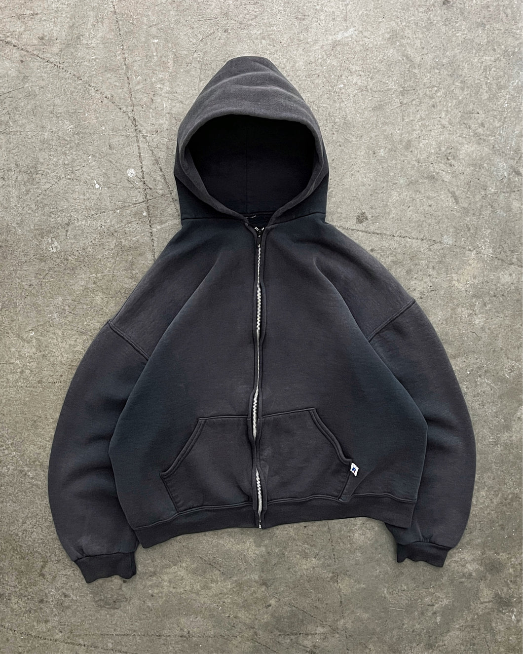 SUN FADED BLACK RUSSELL ZIP UP HOODIE - 1990S