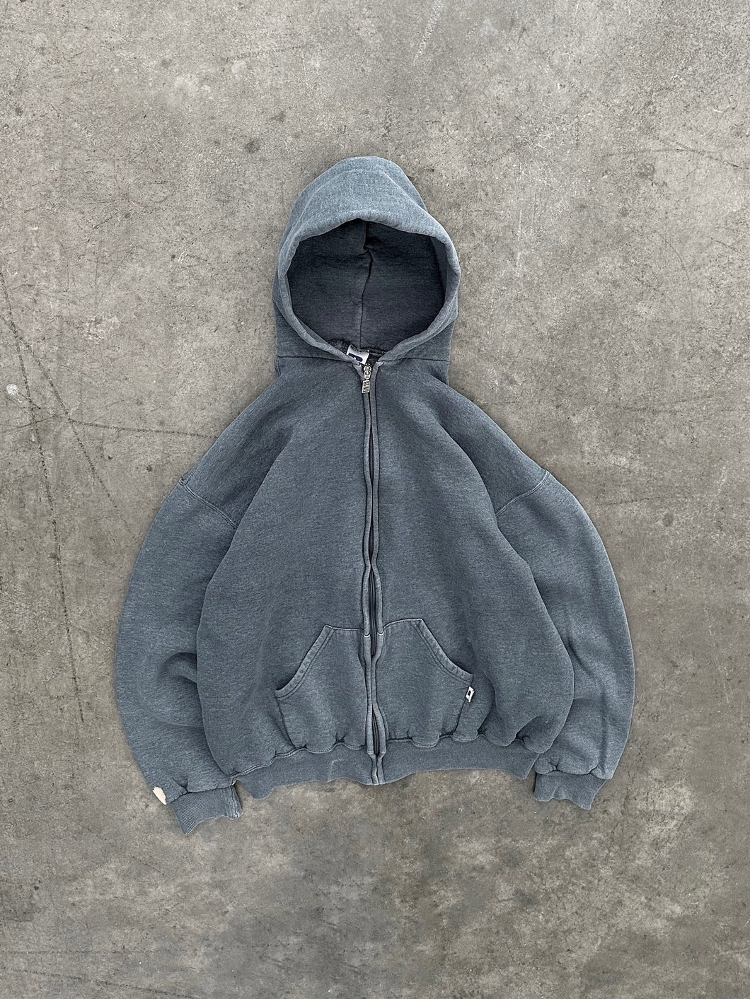 FADED STONE GREY RUSSELL ZIP UP HOODIE - 1990S