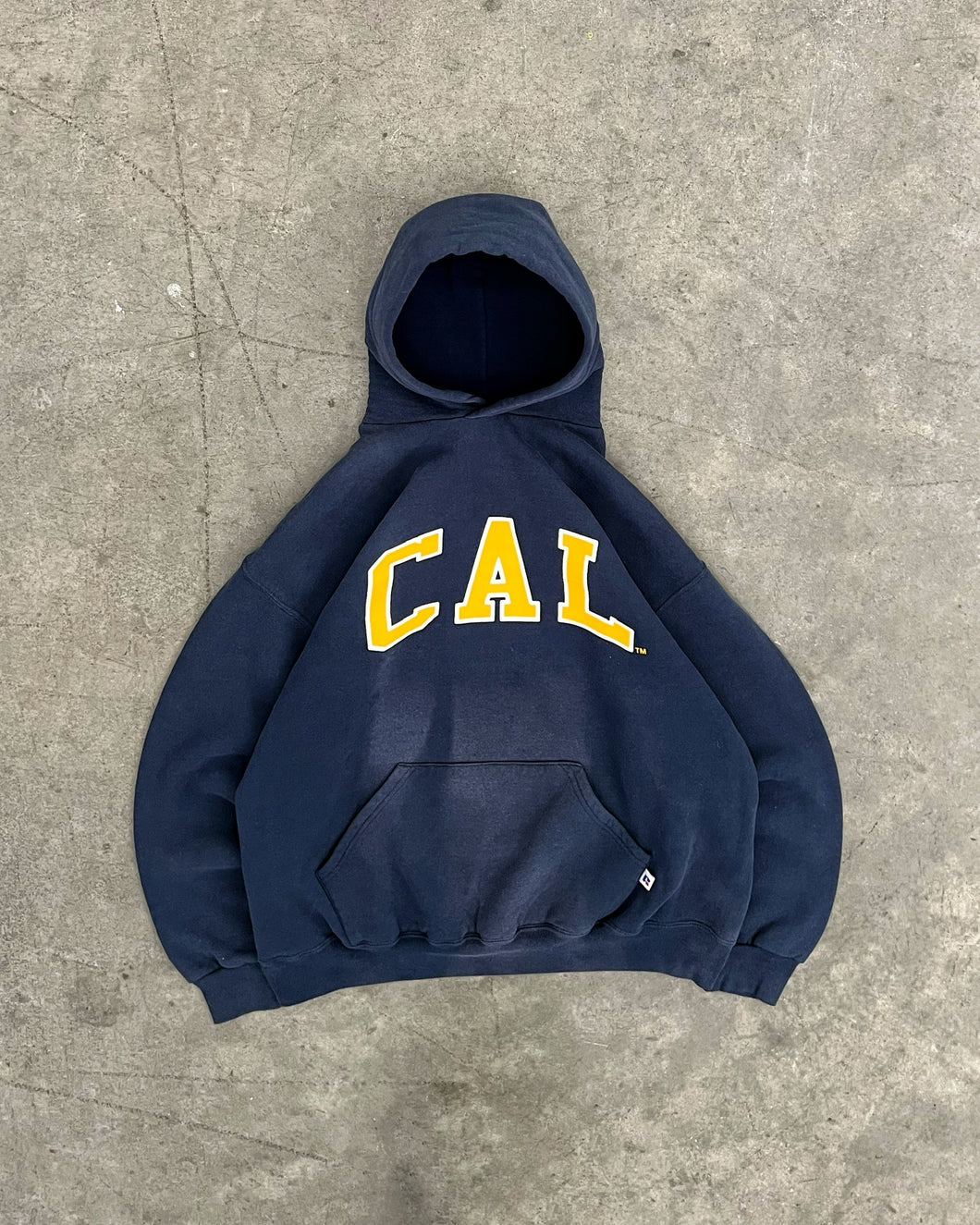 SUN FADED NAVY BLUE “CAL” RUSSELL HOODIE - 1990S