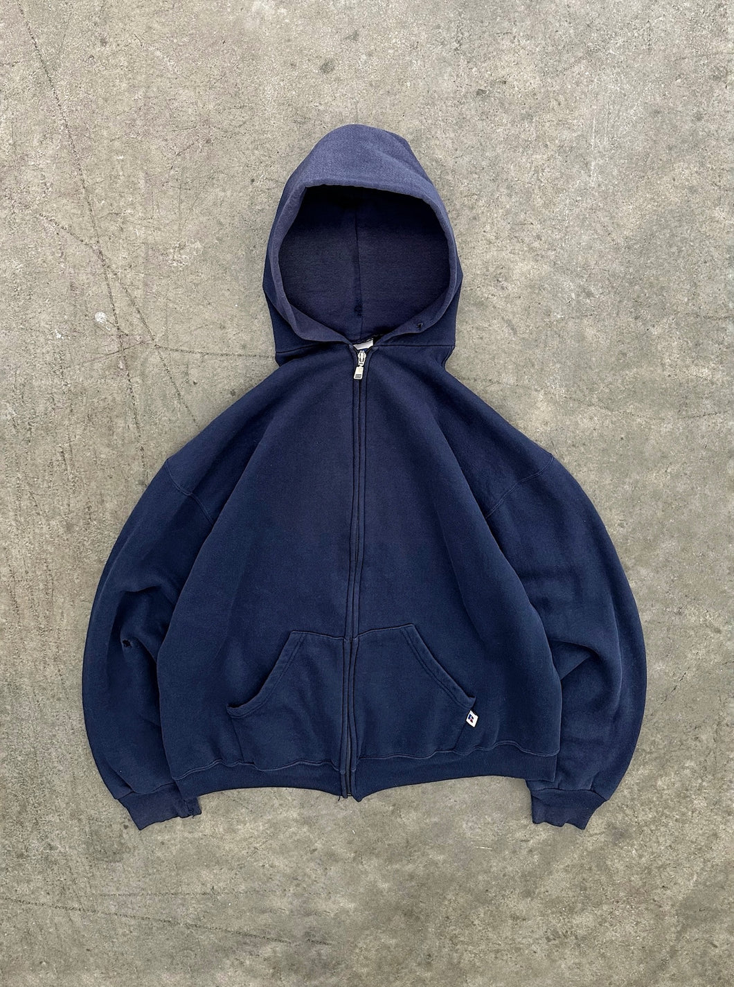 SUN FADED NAVY BLUE RUSSELL ZIP UP HOODIE - 1990S