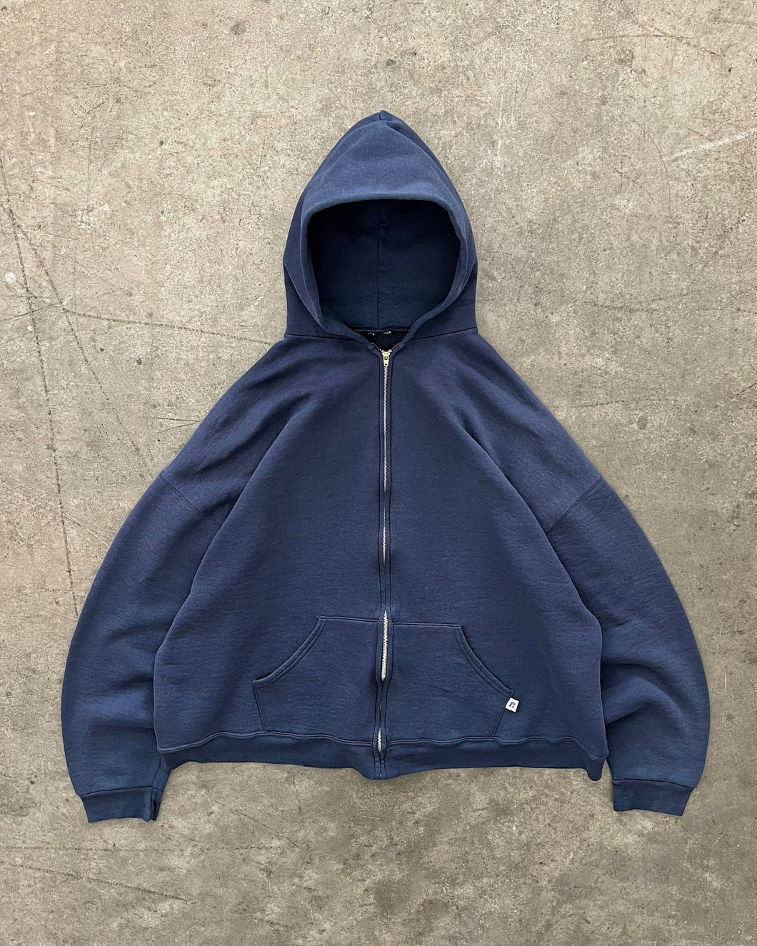 FADED NAVY BLUE RUSSELL ZIP UP HOODIE - 1990S