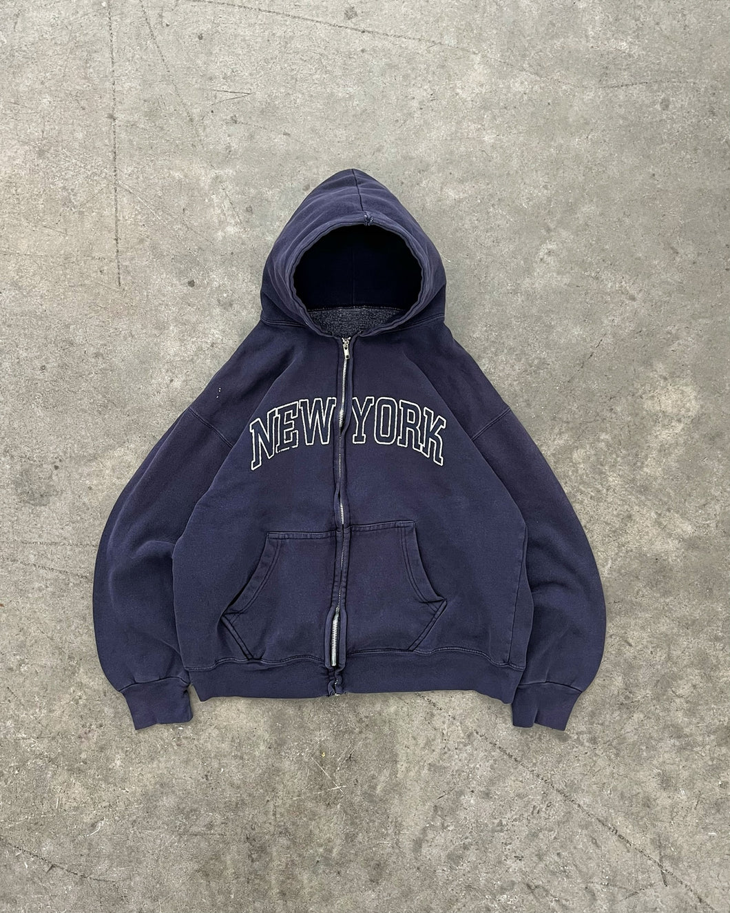 FADED NAVY BLUE “NEW YORK” ZIP UP HOODIE - 1990S