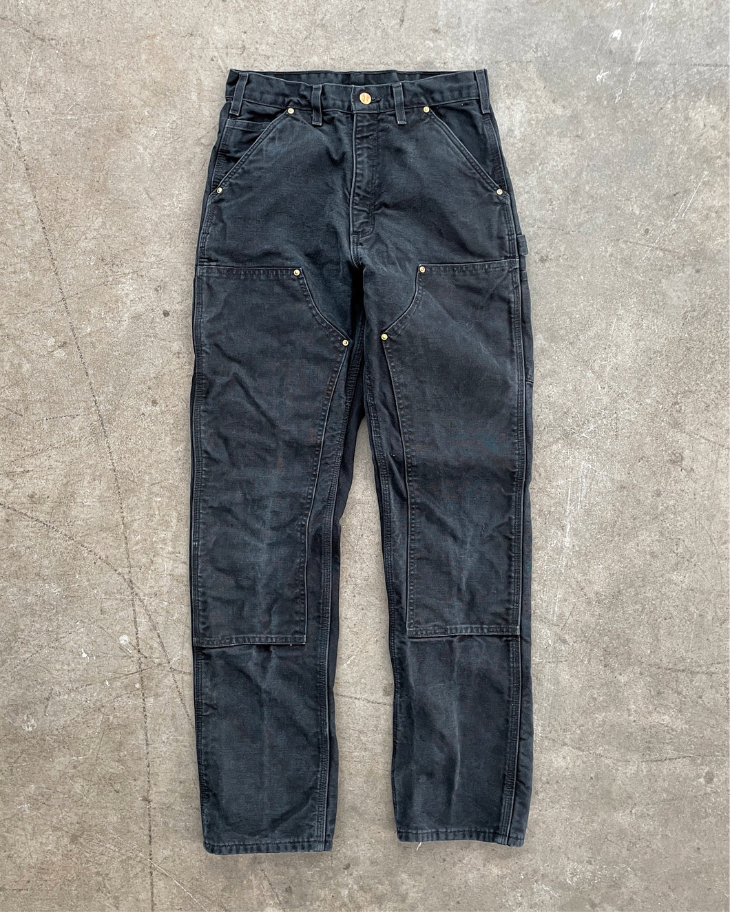 CARHARTT FLANNELL LINED FADED BLACK DOUBLE KNEE WORK PANTS - 1990S
