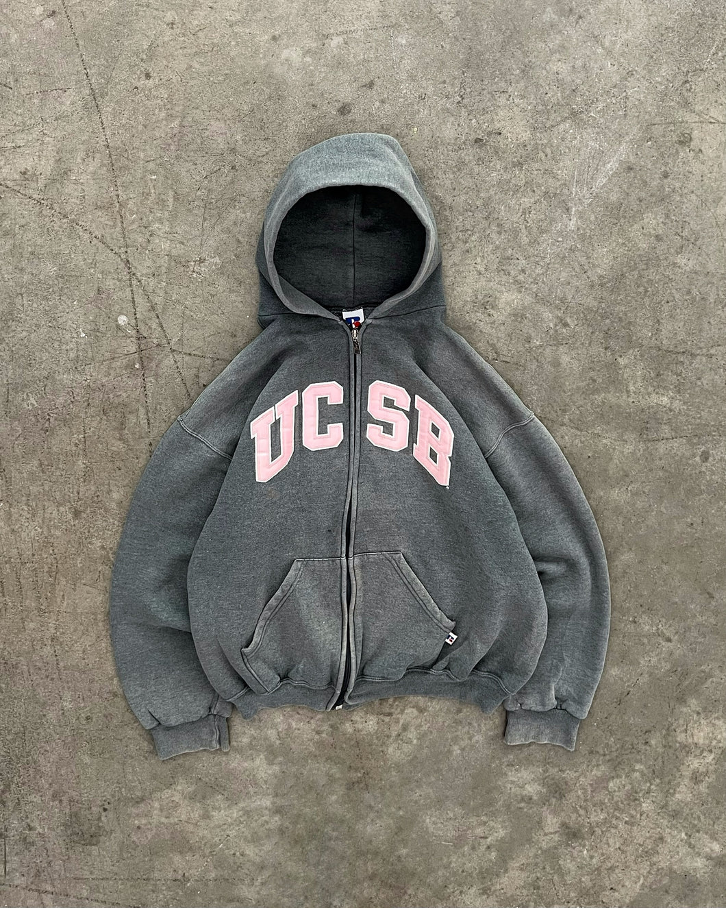 SUN FADED CEMENT GREY “UCSB” ZIP UP HOODIE - 1990S