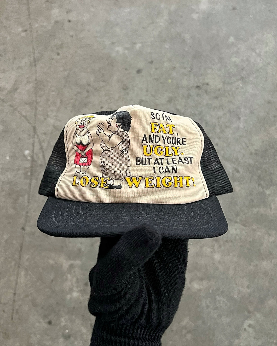 BLACK “SO IM FAT…” TRUCKER HAT - 1990S