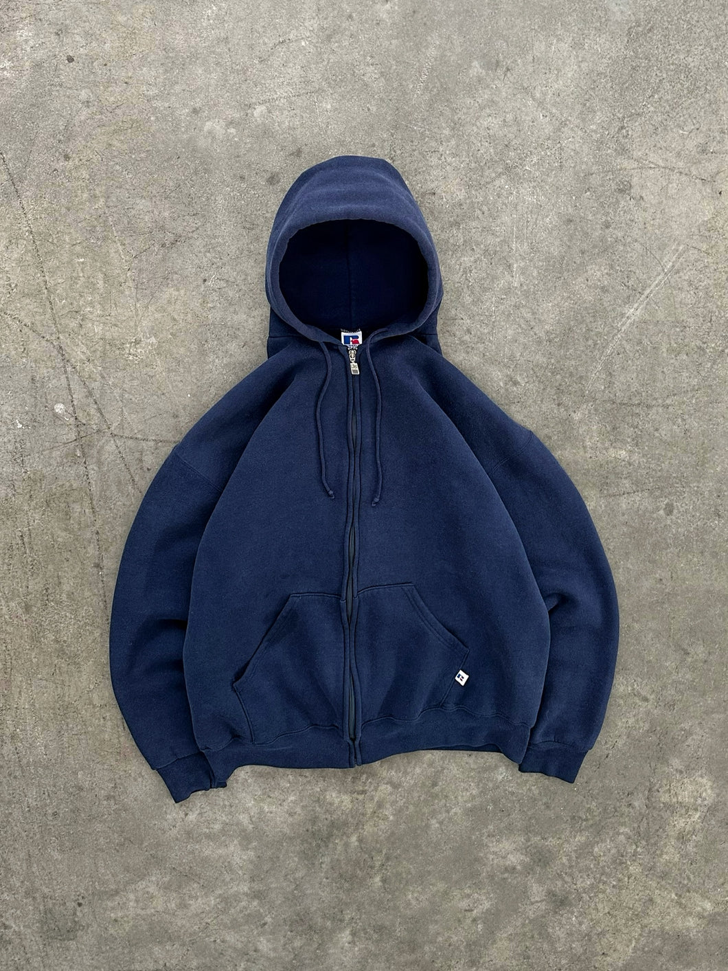 FADED NAVY BLUE ZIP UP RUSSELL HOODIE - 1990S