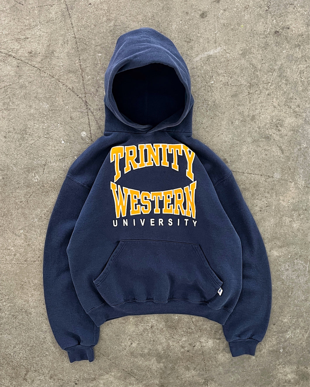 FADED NAVY BLUE “TRINITY WESTERN” RUSSELL HOODIE - 1990S