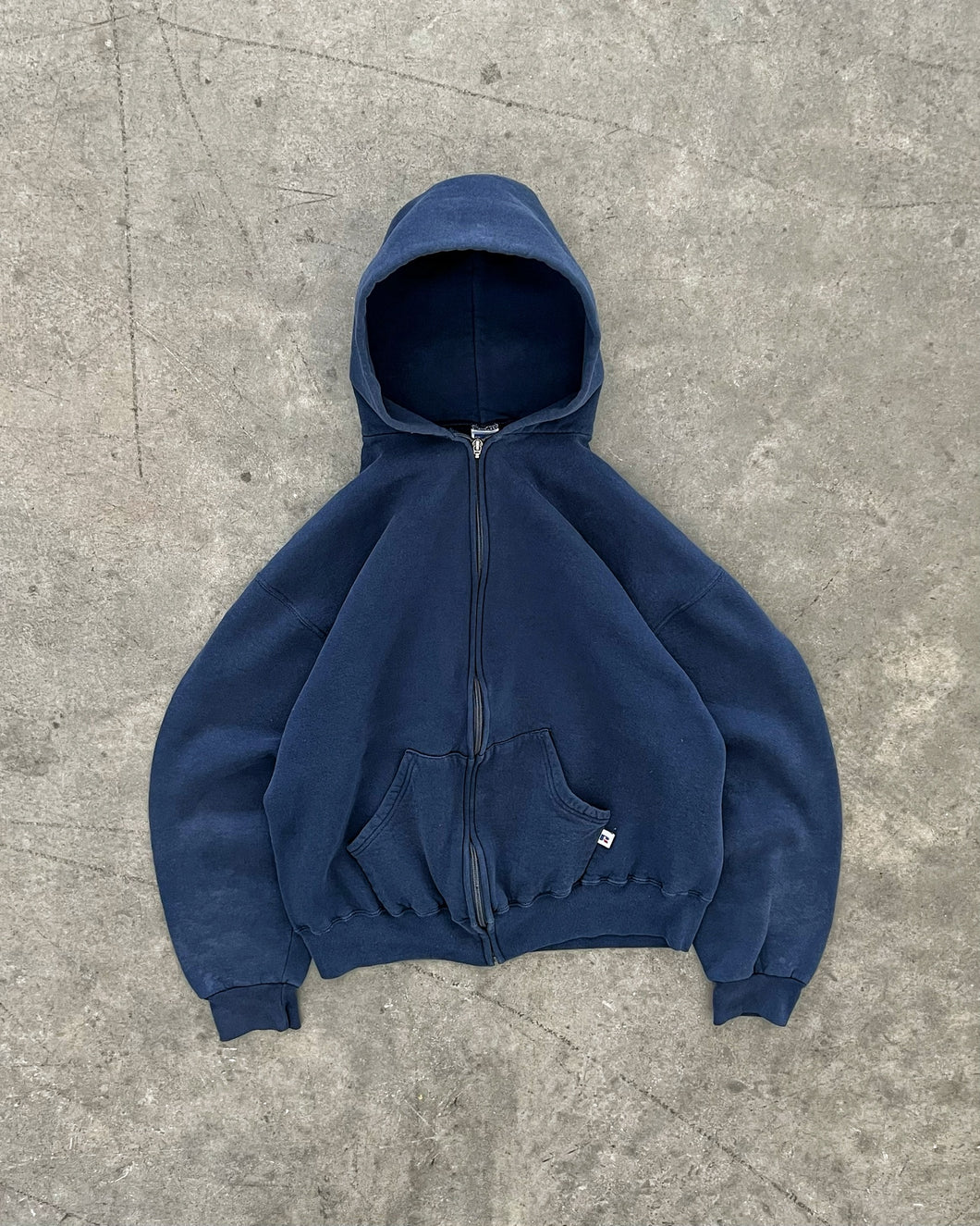 FADED NAVY BLUE RUSSELL ZIP UP HOODIE - 1990S