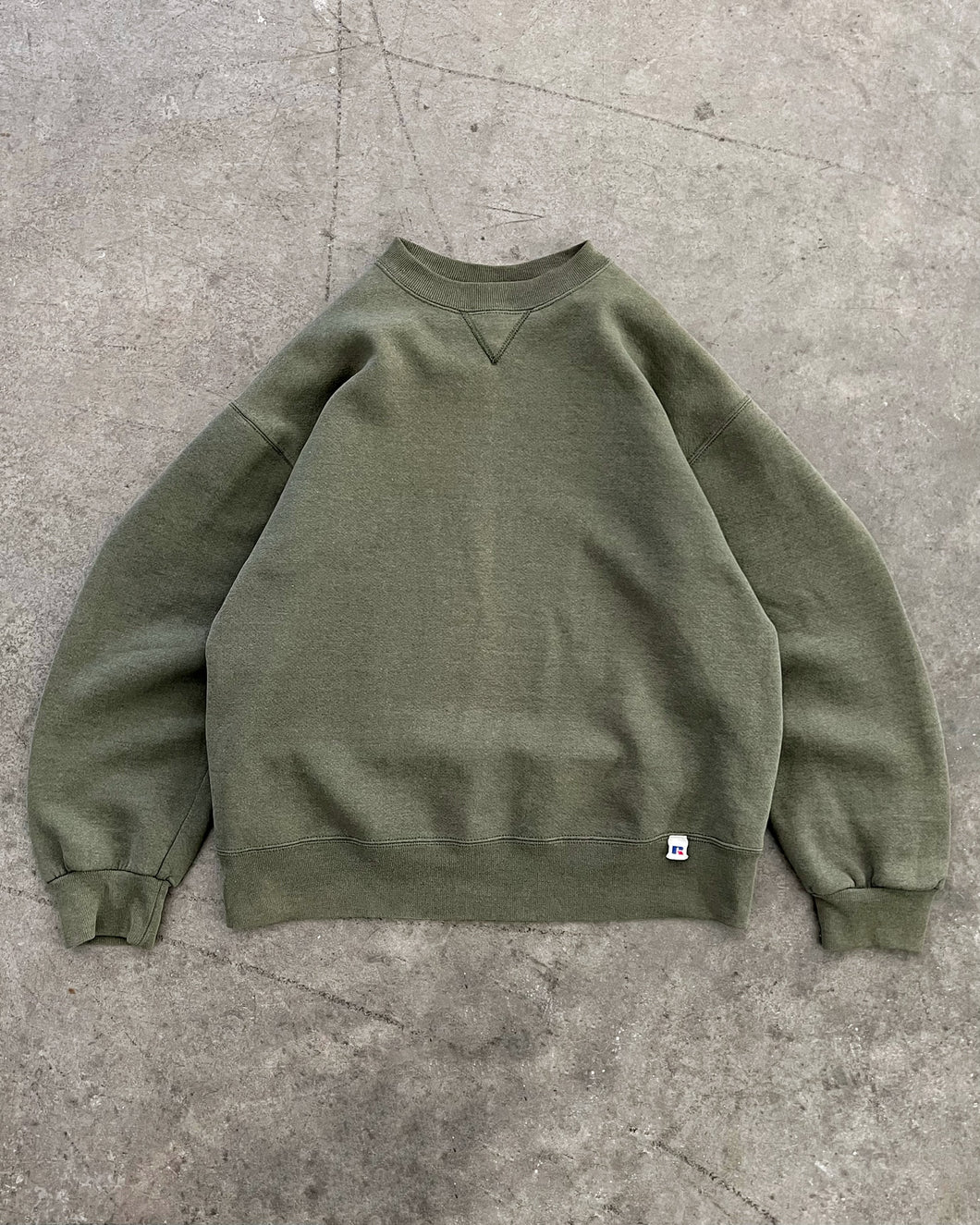 FADED OLIVE GREEN RUSSELL SWEATSHIRT - 1990S
