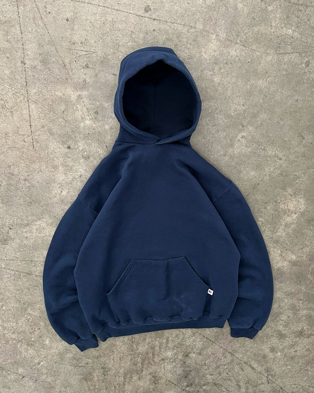 FADED NAVY BLUE RUSSELL HOODIE - 1990S