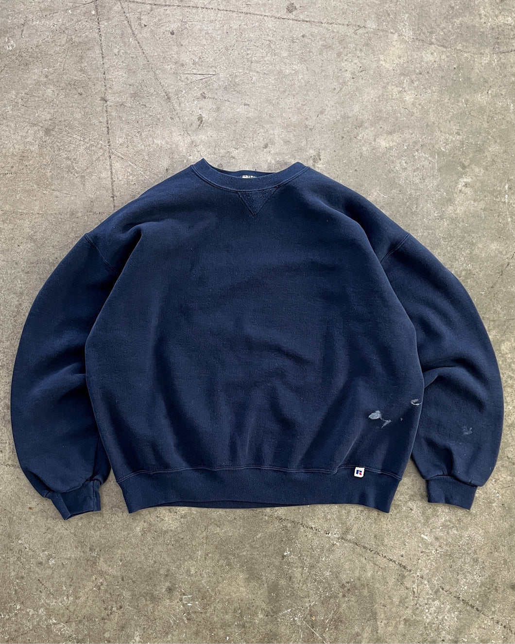 FADED NAVY BLUE PAINTERS RUSSELL SWEATSHIRT - 1990S