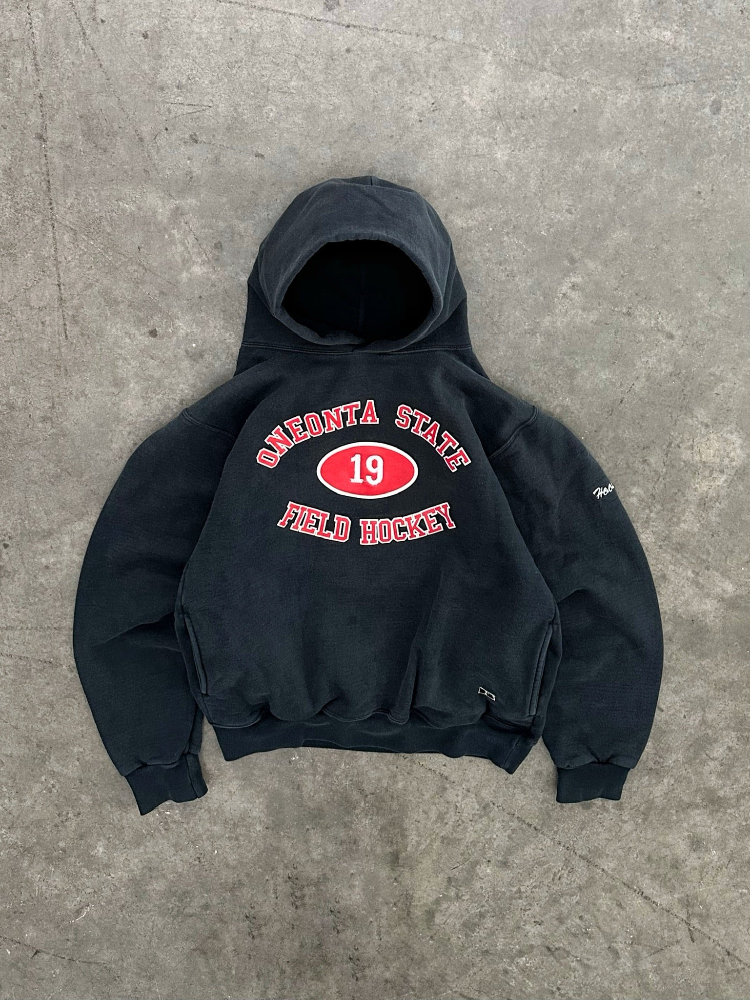 FADED BLACK HEAVYWEIGHT SIDE POCKET RUSSELL HOODIE - 1990S – AKIMBO CLUB