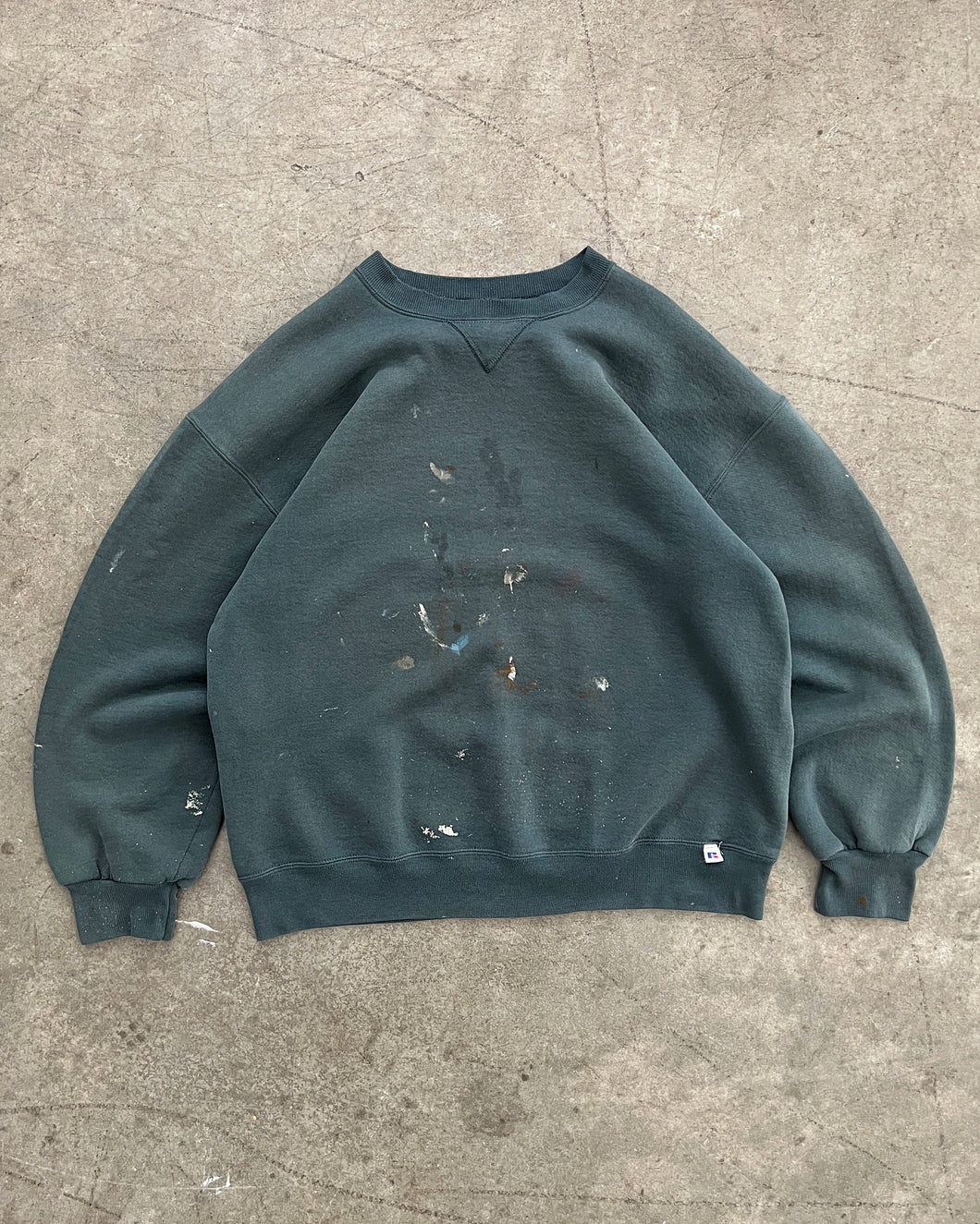 PAINTED & FADED DEEP FOREST GREEN RUSSELL SWEATSHIRT - 1990S