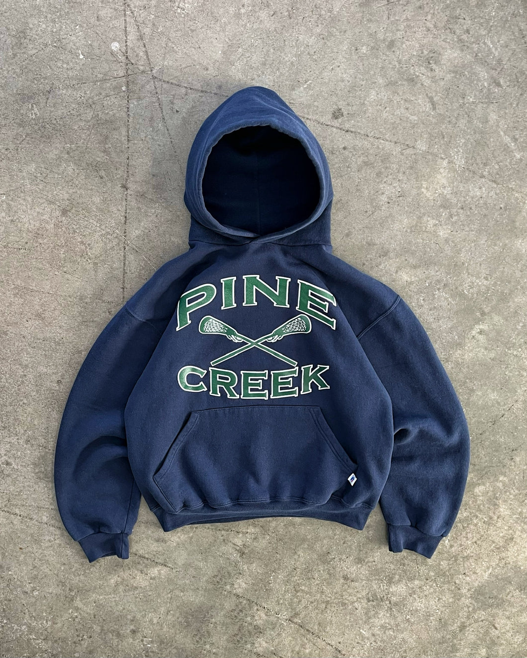 FADED NAVY BLUE “PINE CREEK” RUSSELL HOODIE - 1990S