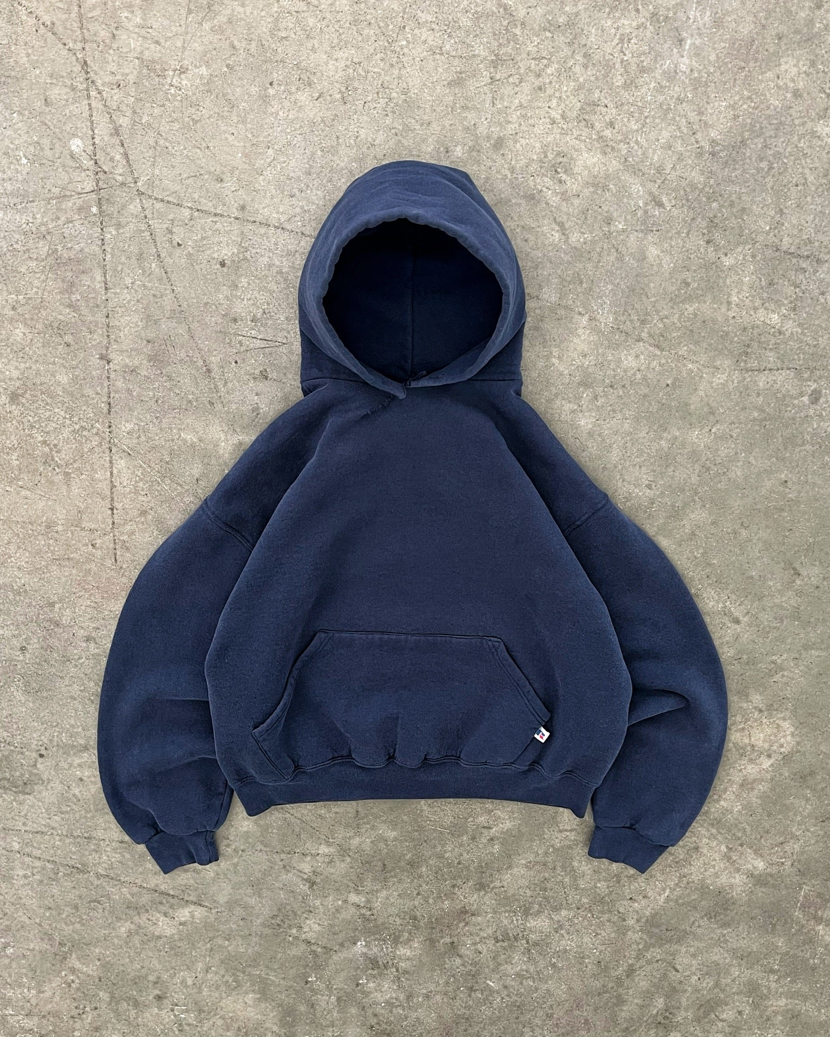 FADED NAVY BLUE REPAIRED RUSSELL HOODIE - 1990S – AKIMBO CLUB