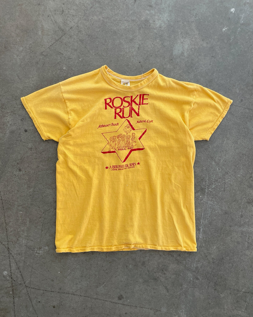 FADED YELLOW “ROSKIE RUN” SINGLE STITCHED RUSSELL TEE - 1970S